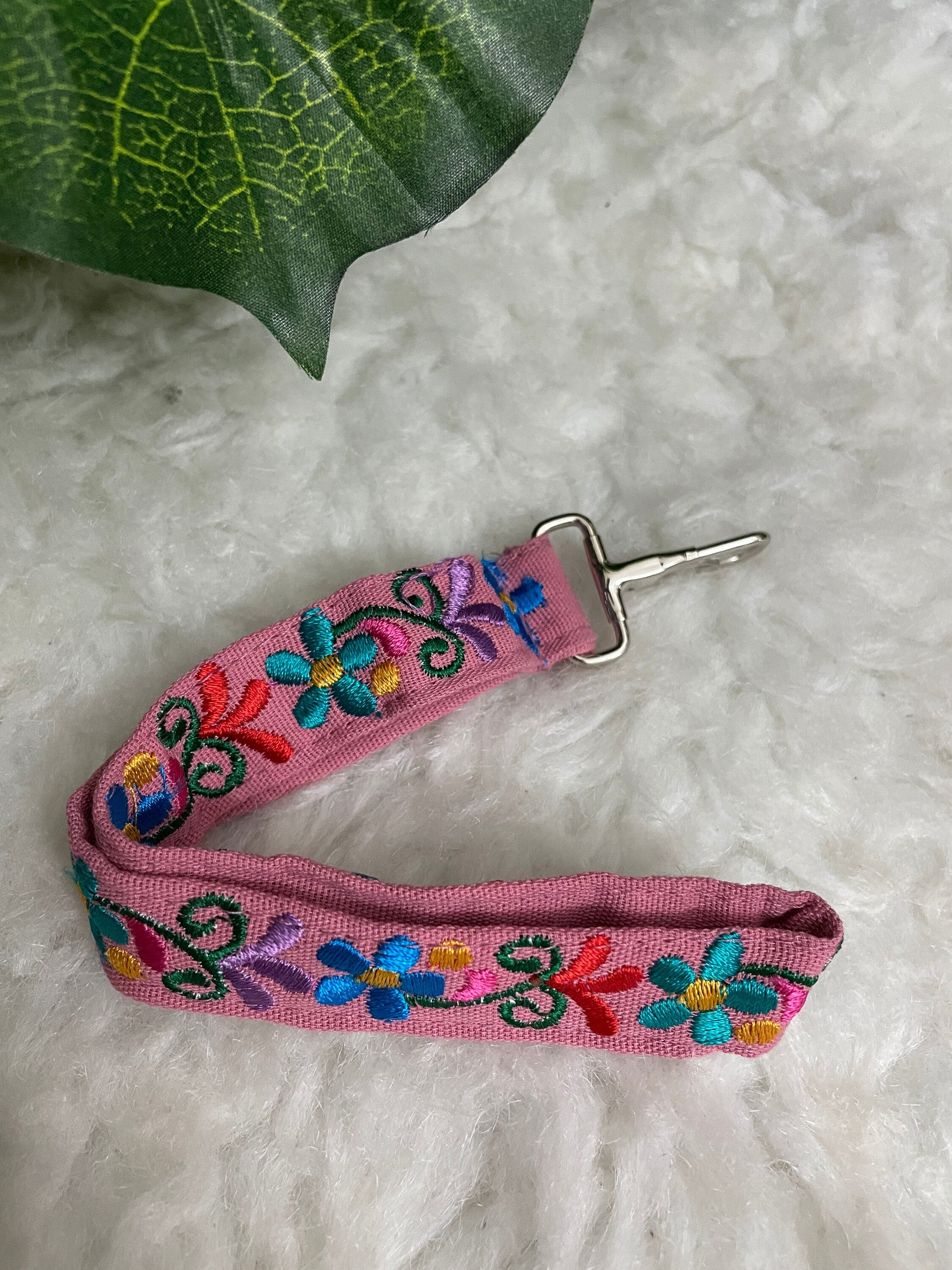 Image of Floral Embroidered Wristlet Lanyard Key/ID Holder - Clip Lanyard Key/ID Holder - Artisanal made