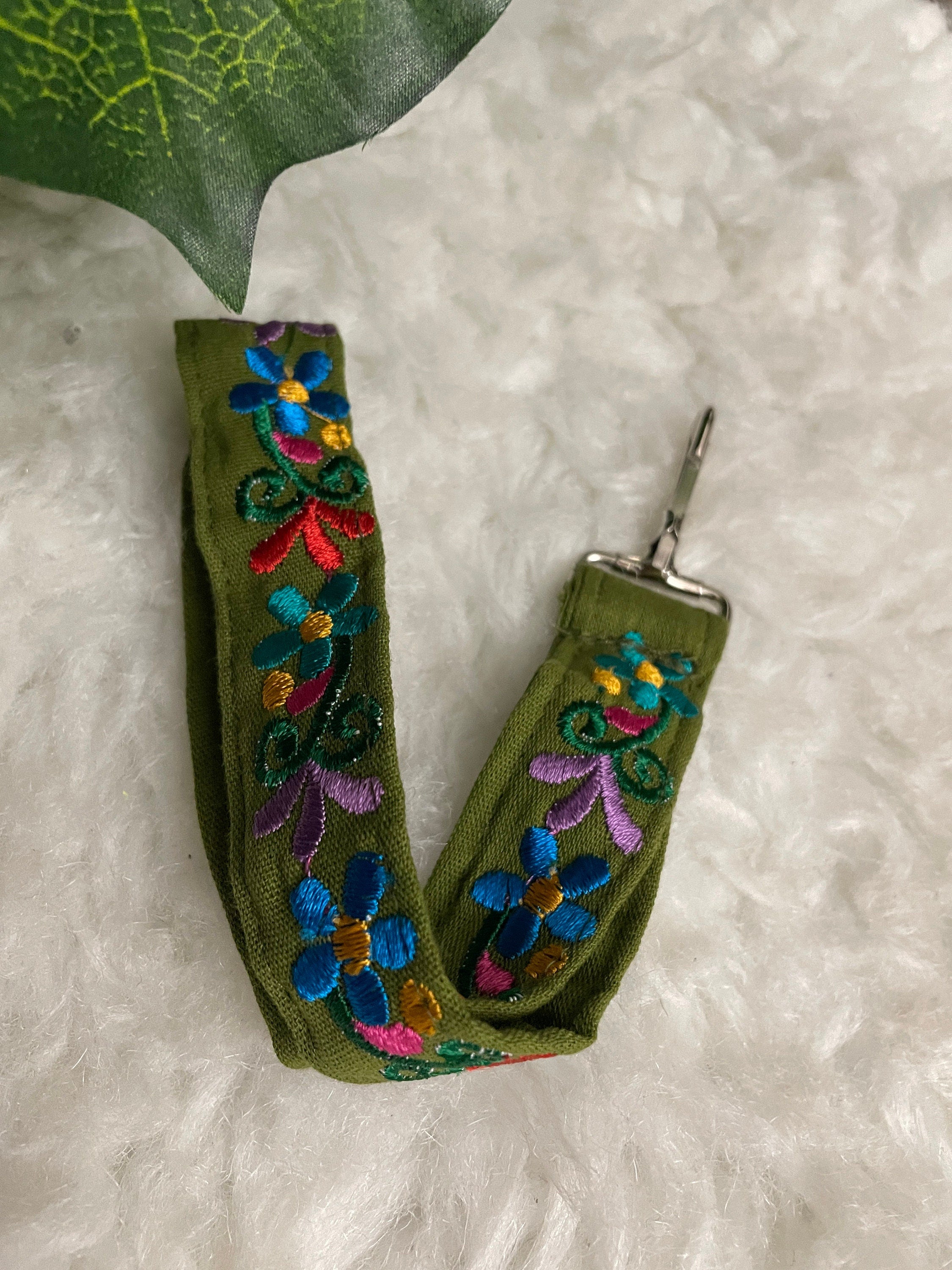 Floral Embroidered Wristlet Lanyard Key/ID Holder - Clip Lanyard Key/ID Holder - Artisanal made