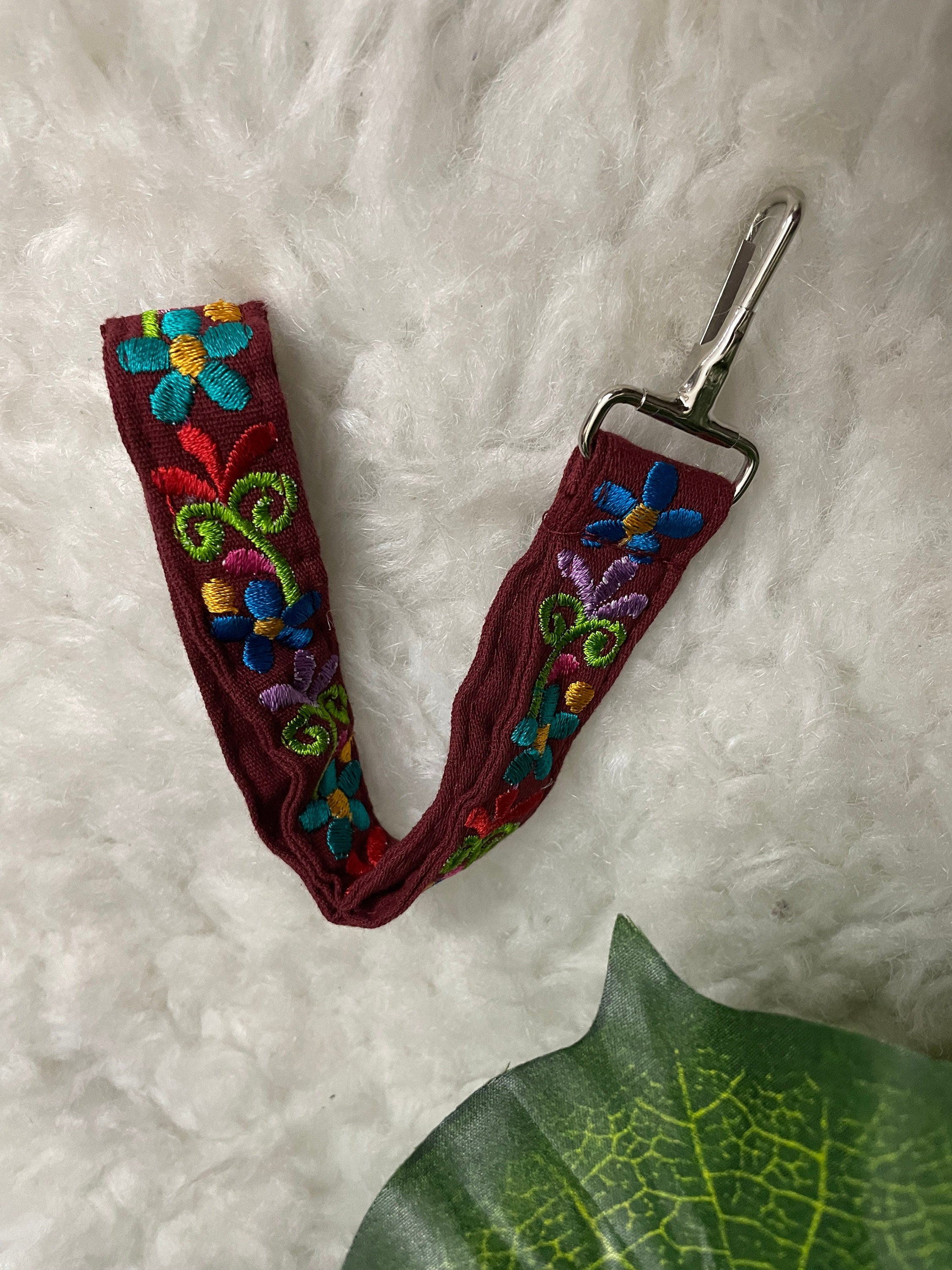 Image of Floral Embroidered Wristlet Lanyard Key/ID Holder - Clip Lanyard Key/ID Holder - Artisanal made