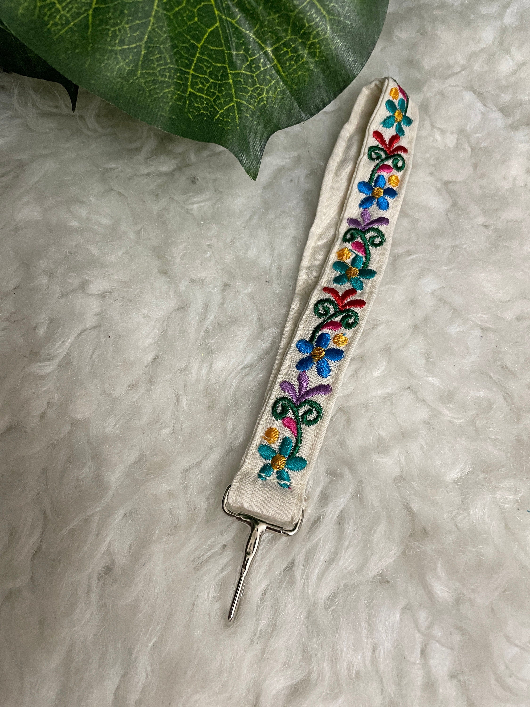 Image of Floral Embroidered Wristlet Lanyard Key/ID Holder - Clip Lanyard Key/ID Holder - Artisanal made