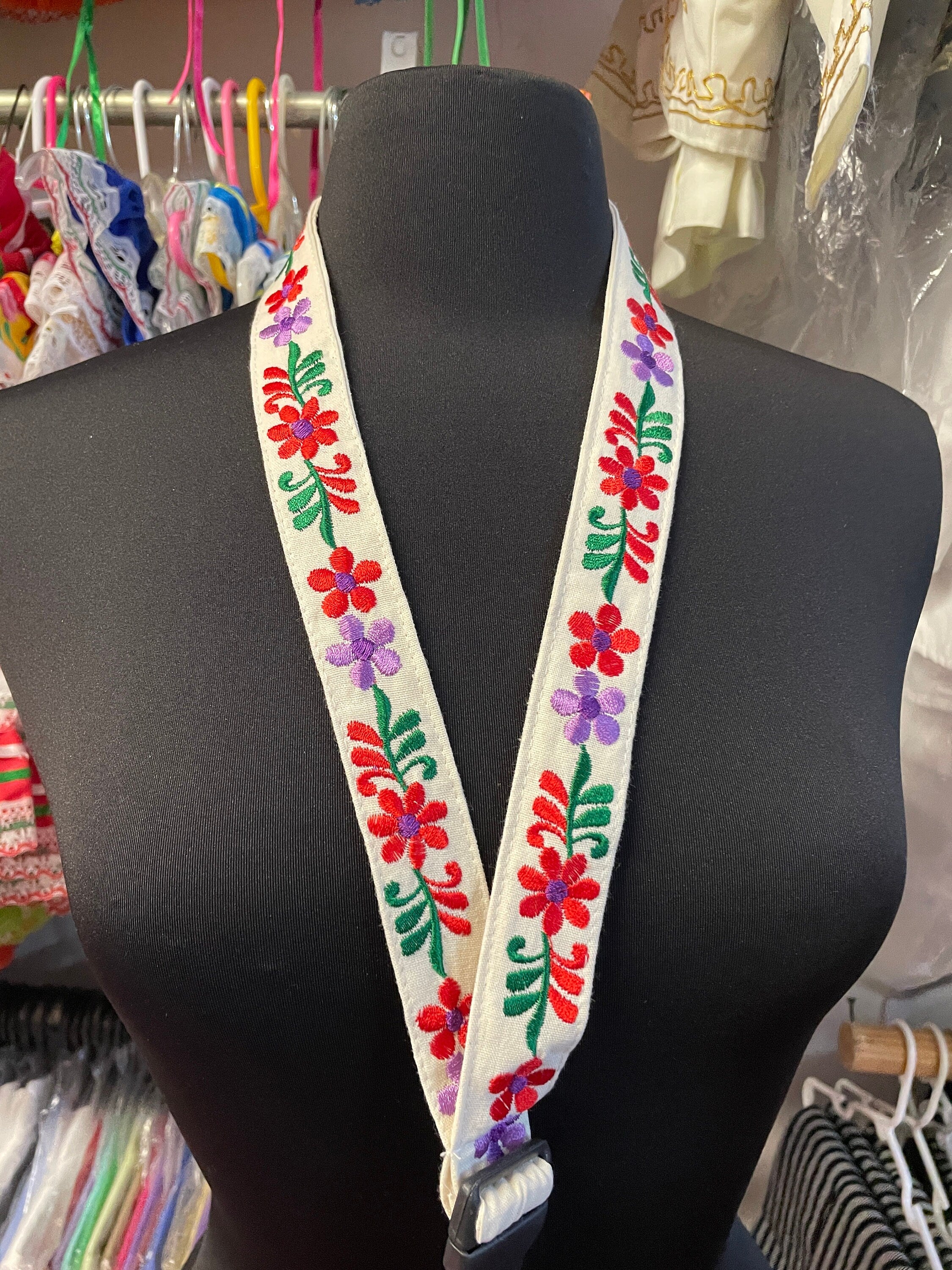 Image of Two tone Floral Embroidered Clip Lanyard Key/ID Holder - Clip Lanyard Key/ID Holder - Artisanal made