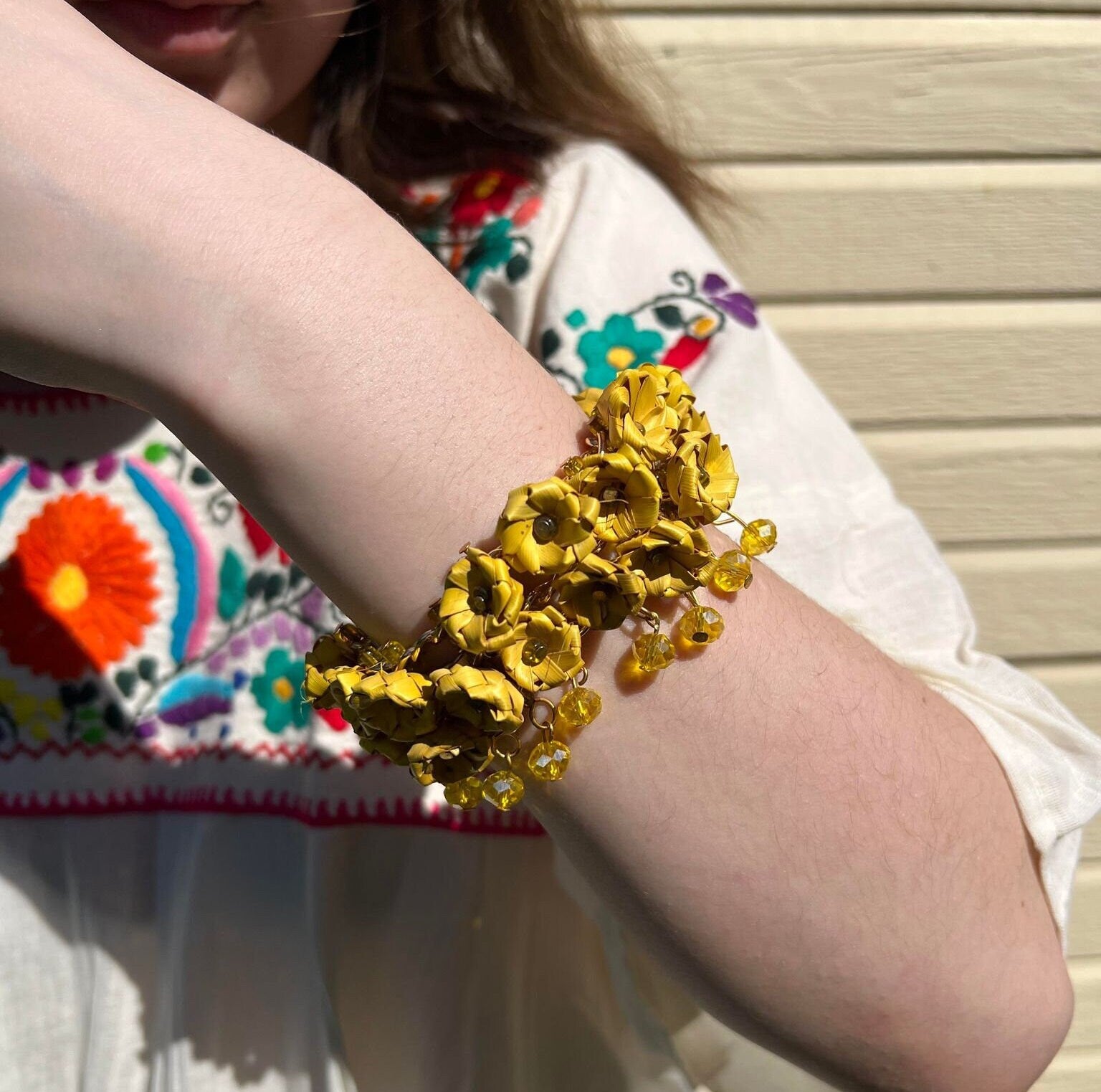 Image of Handmade Palm Leaf Woven Flower Bracelet