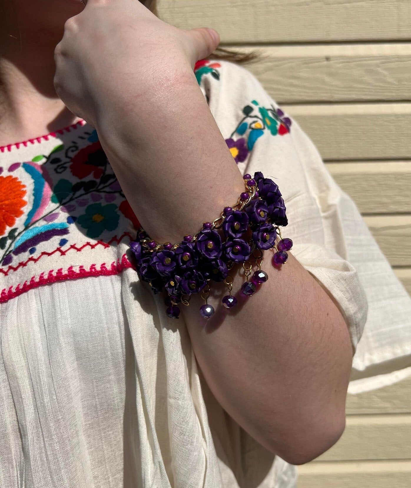 Image of Handmade Palm Leaf Woven Flower Bracelet