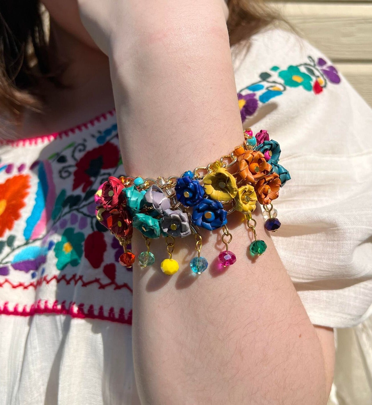 Image of Handmade Palm Leaf Woven Flower Bracelet