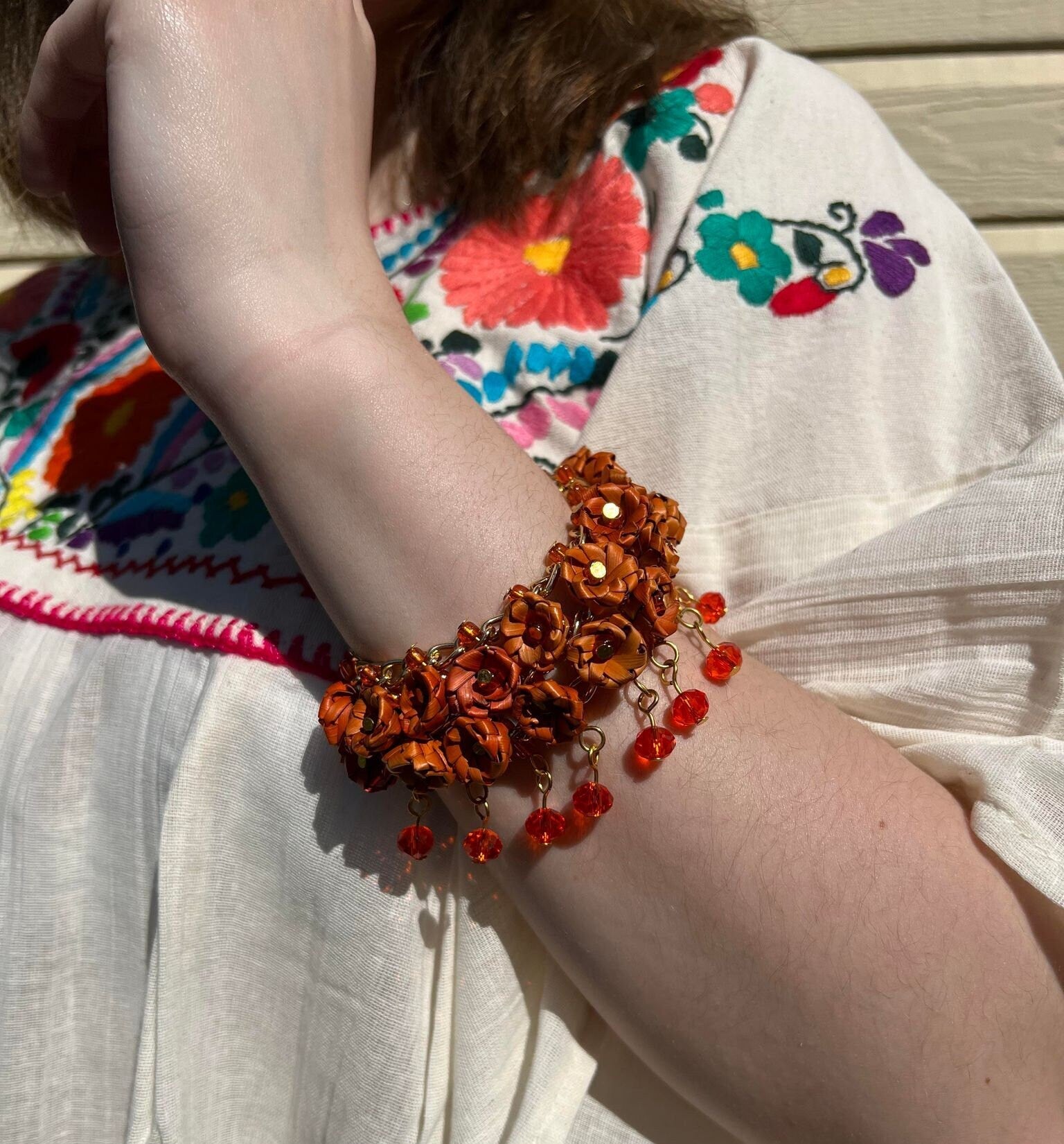 Image of Handmade Palm Leaf Woven Flower Bracelet