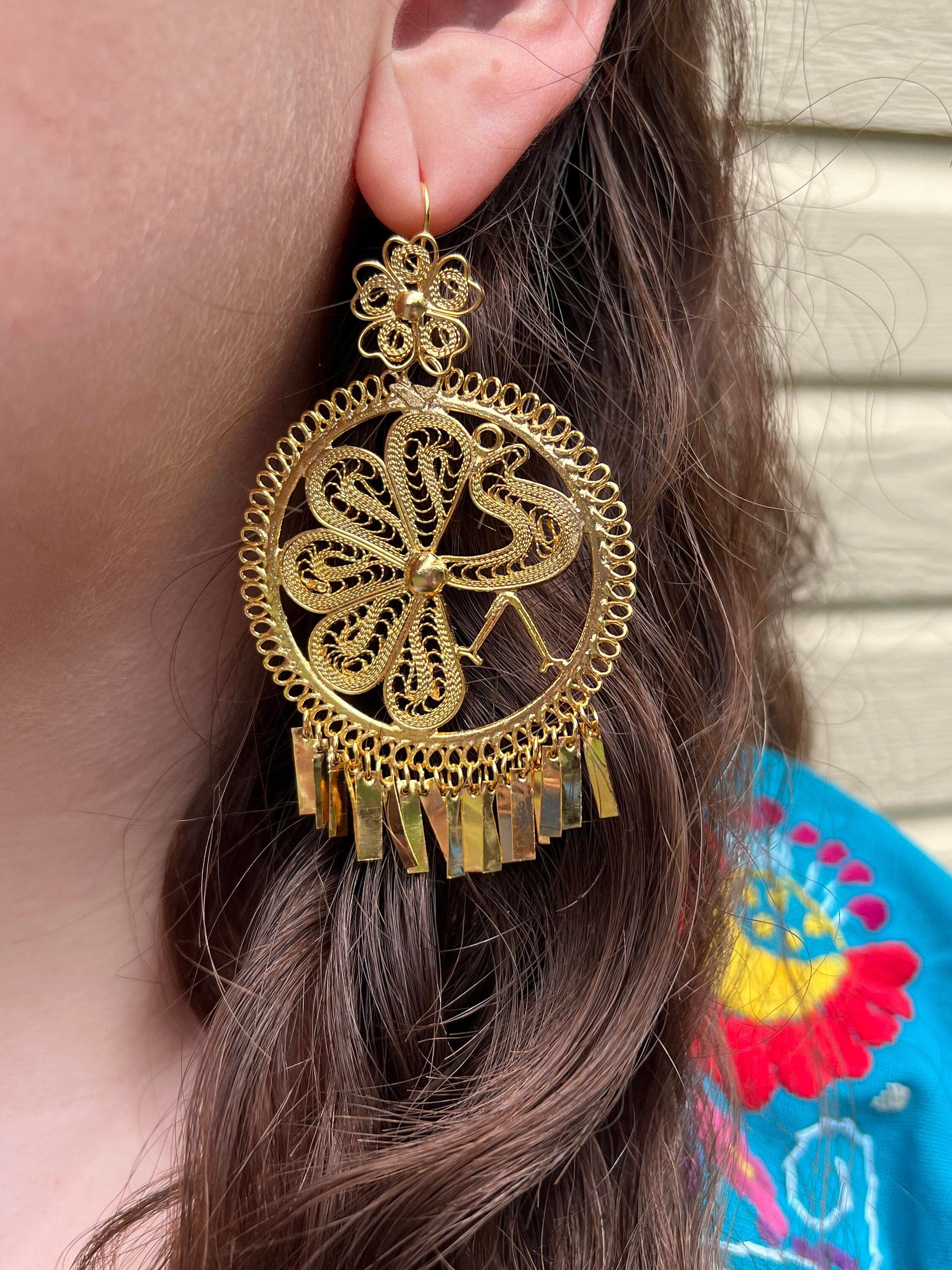 Image of Peacock-Gorgeous & Elegant Mexican Artisanal Gold Plated Filigree Earrings - Beautifully made by our Oaxaca Artisan Partners