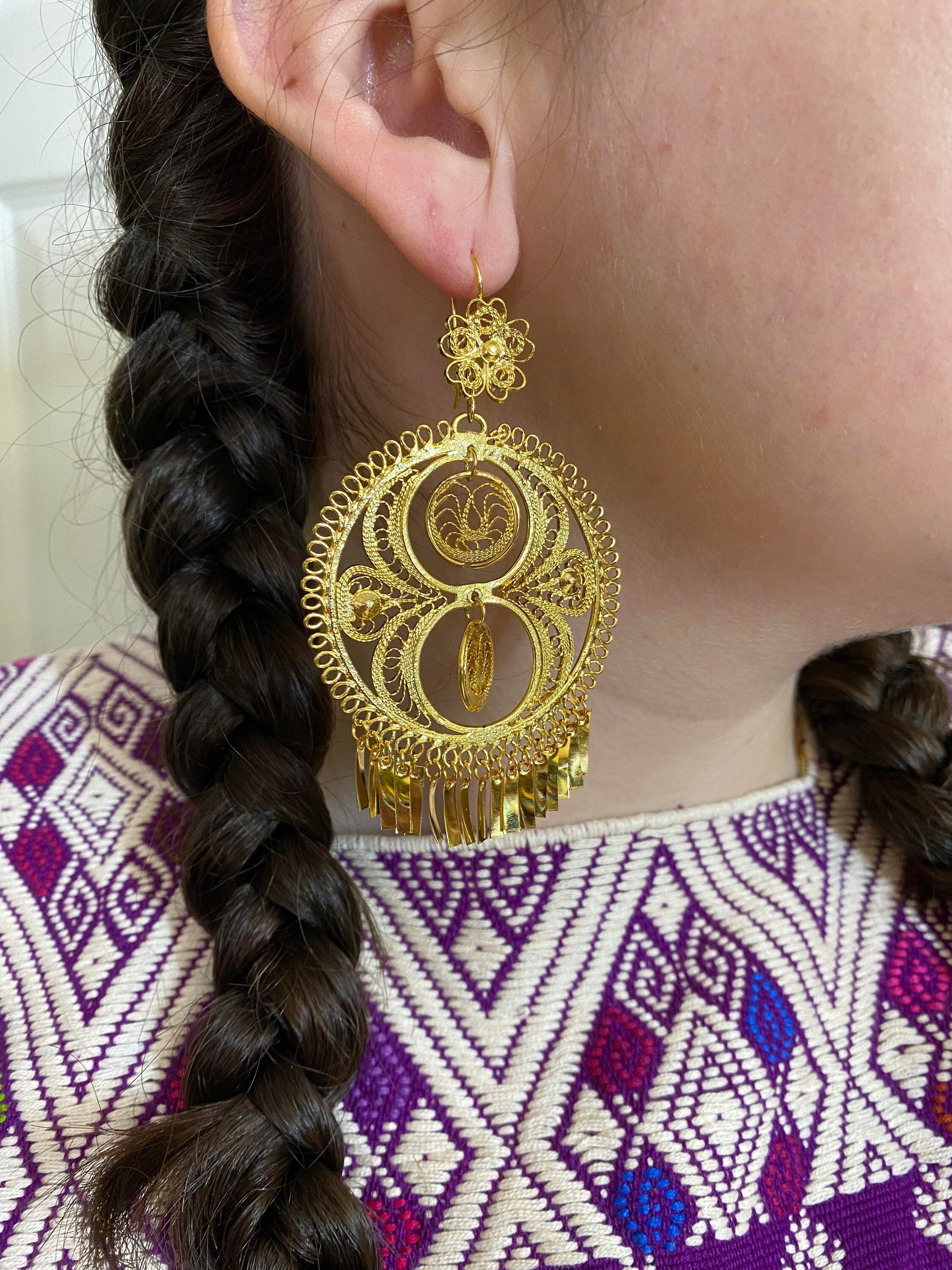 Image of 2 Medallions-Gorgeous & Elegant Mexican Artisanal Gold Plated Filigree Earrings, beautifully made by our Oaxaca Partners