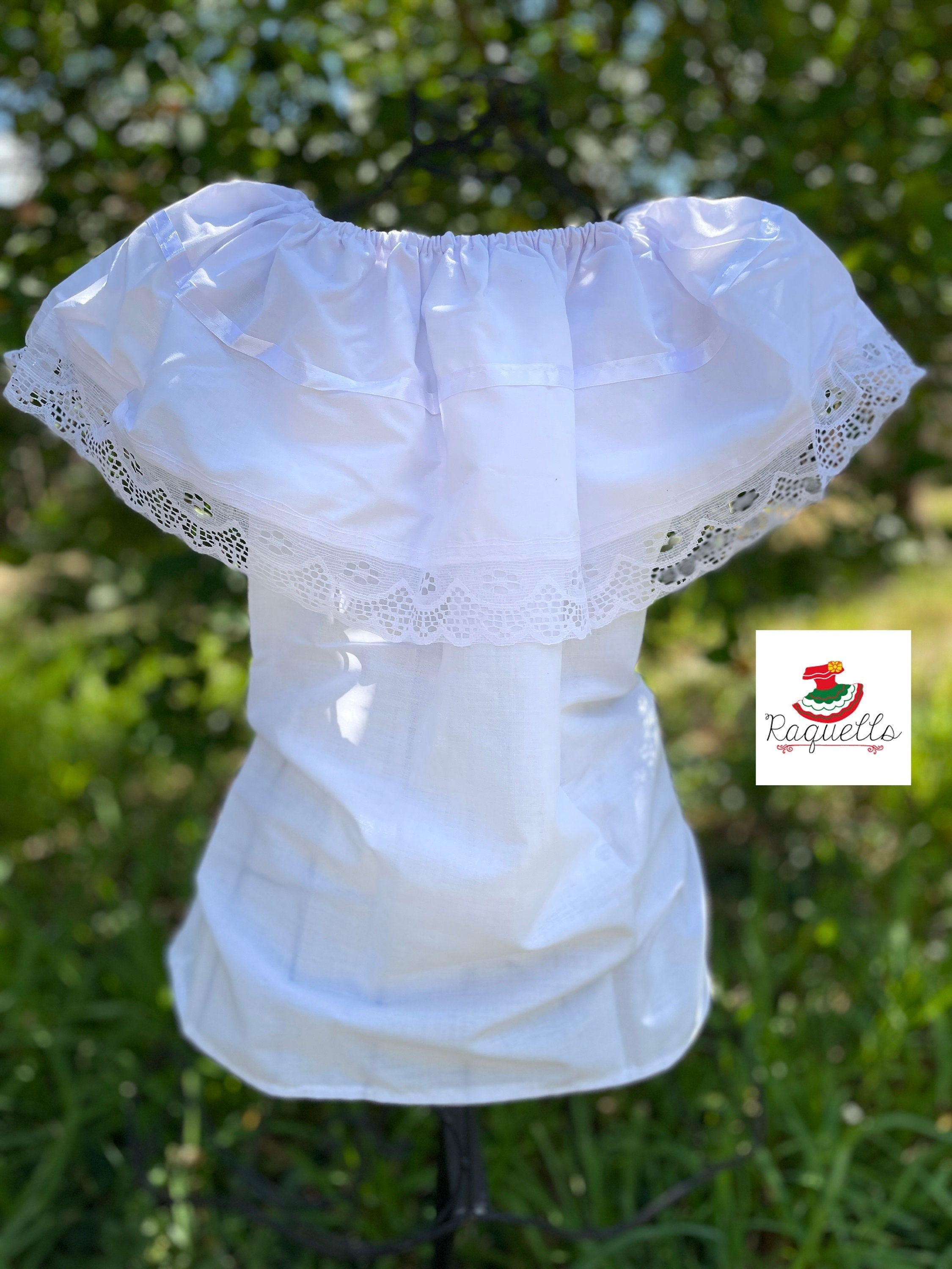 White Peasant Blouse - with satin white ribbon & white lace