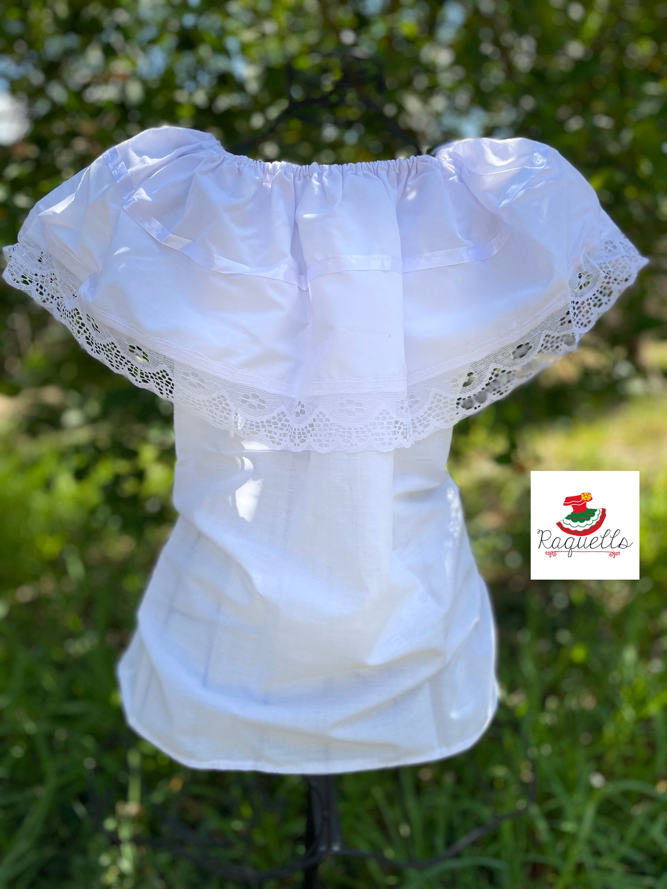 White Peasant Blouse - with satin white ribbon & white lace