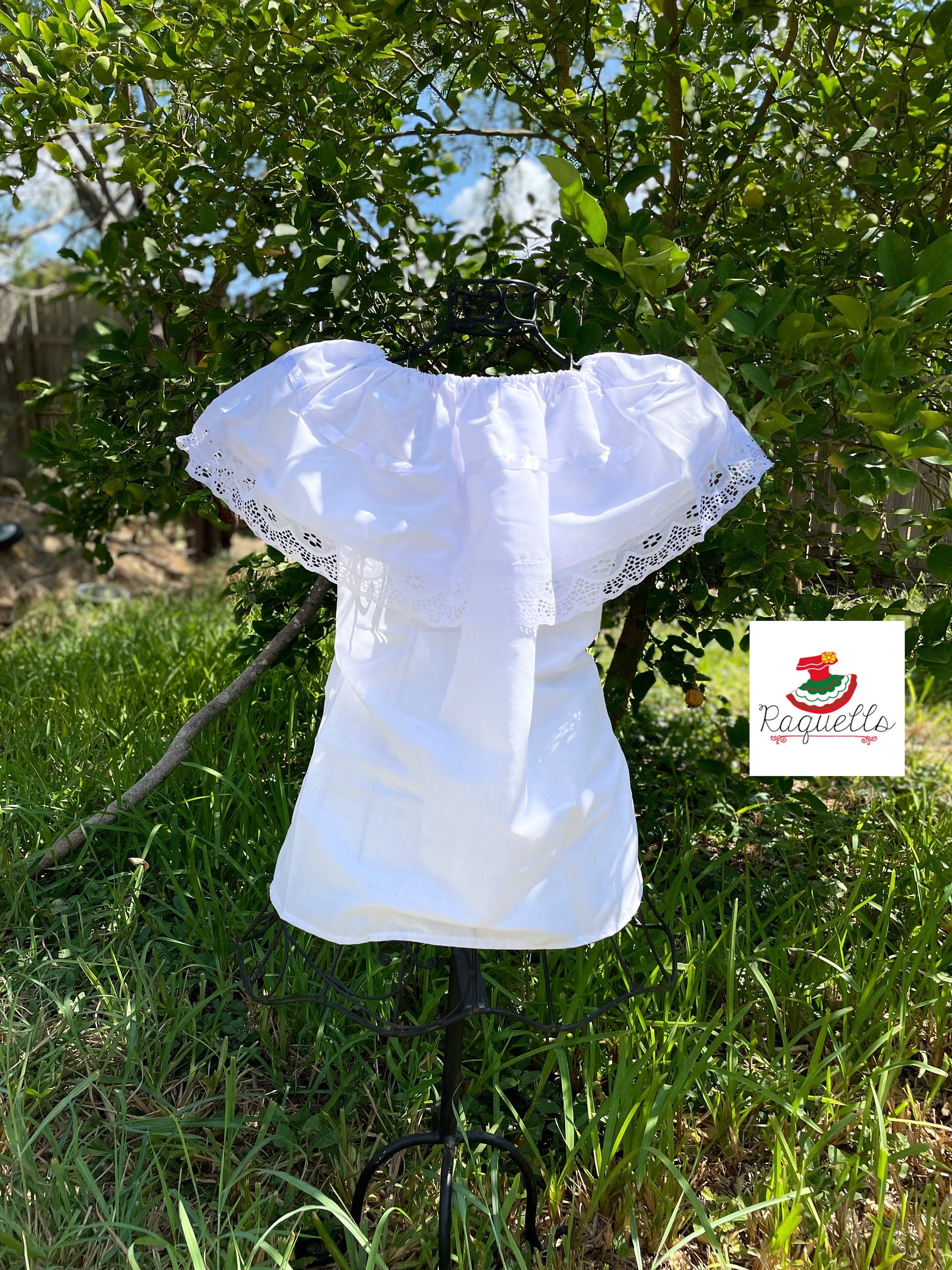 White Peasant Blouse - with satin white ribbon & white lace