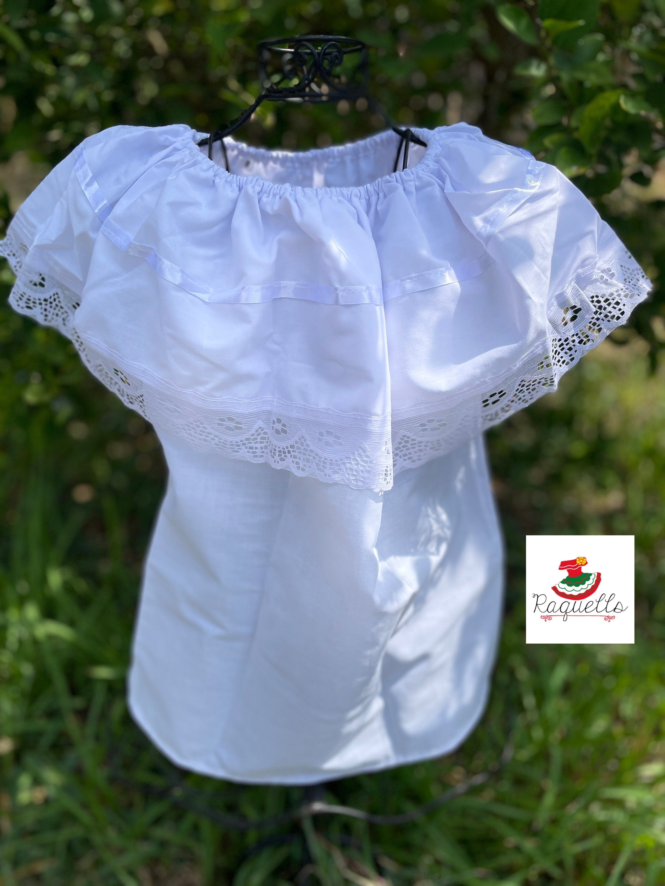 Image of White Peasant Blouse - with satin white ribbon & white lace