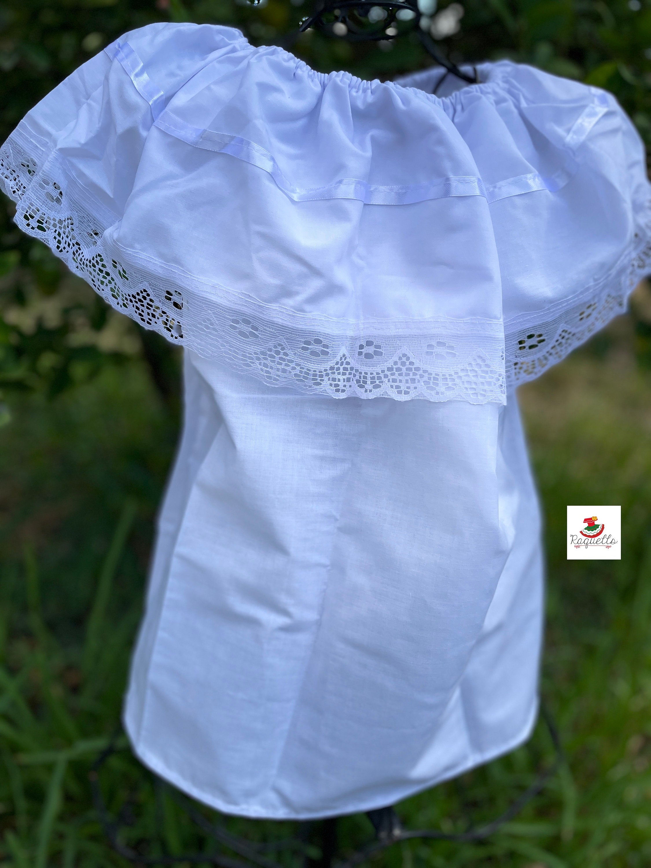 White Peasant Blouse - with satin white ribbon & white lace