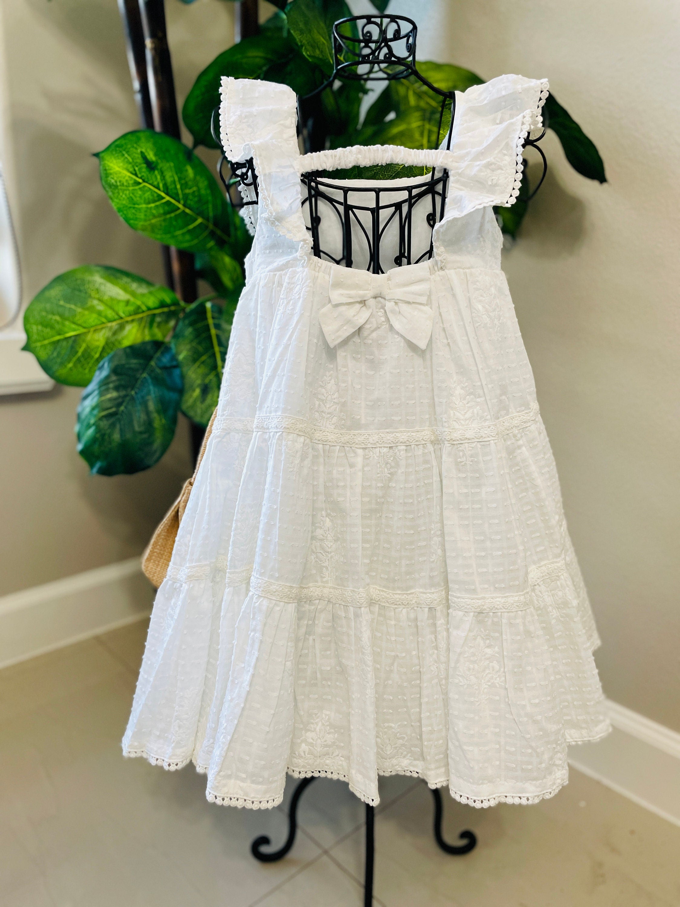 Beautiful White Summer Girls Dress with Embroidered Faux Leather Bag