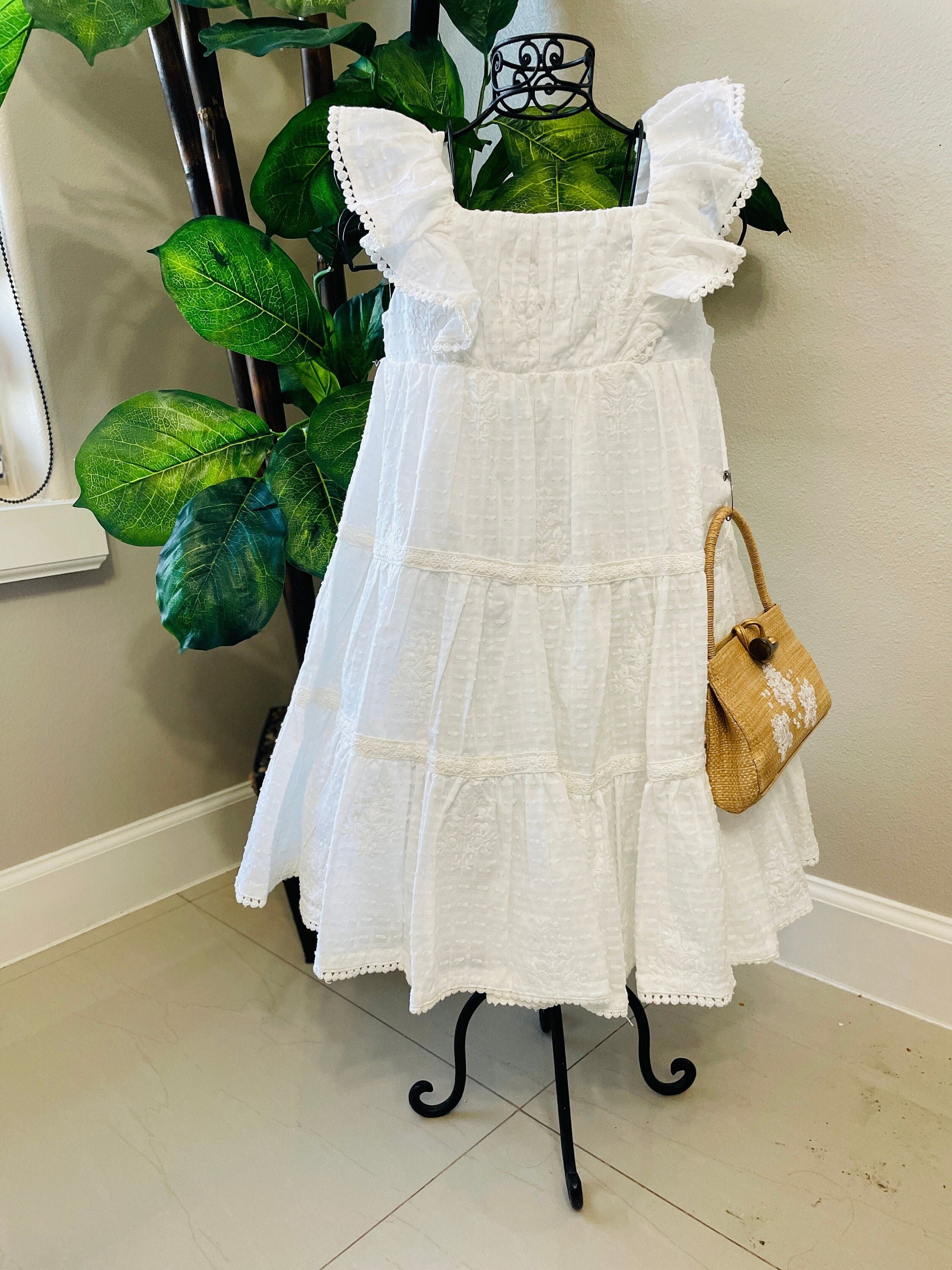 Beautiful White Summer Girls Dress with Embroidered Faux Leather Bag
