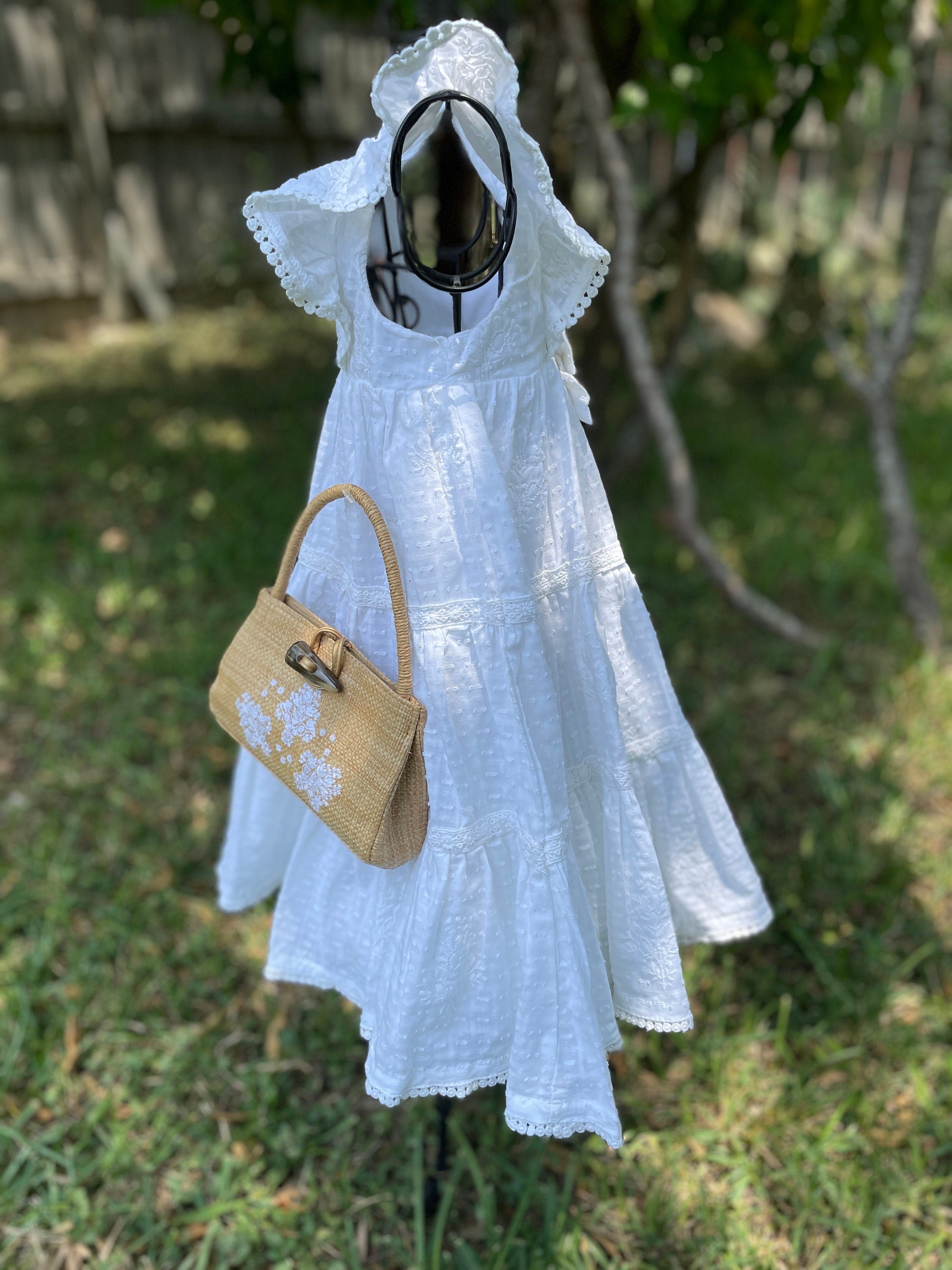 Image of Beautiful White Summer Girls Dress with Embroidered Faux Leather Bag