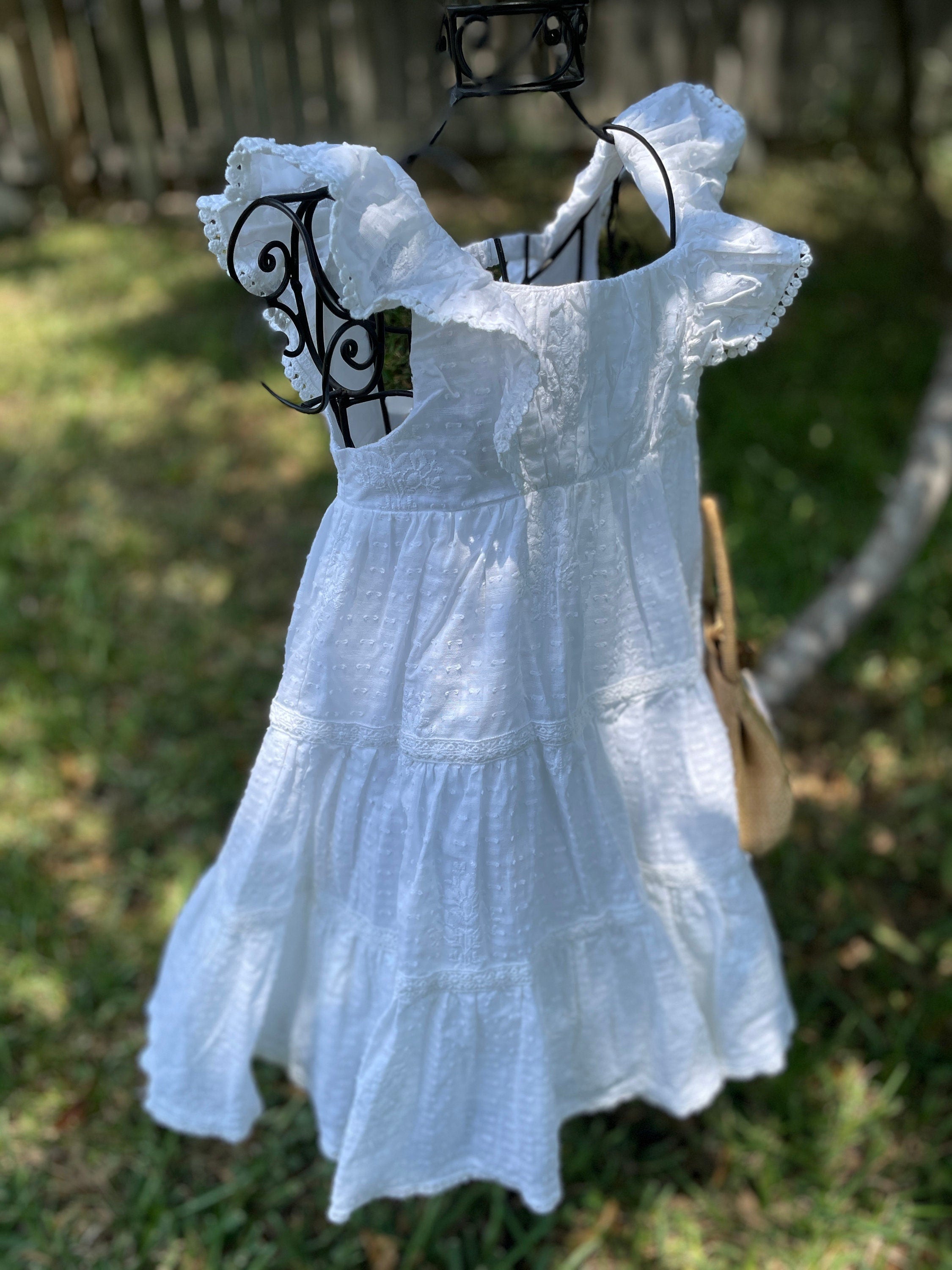 Image of Beautiful White Summer Girls Dress with Embroidered Faux Leather Bag