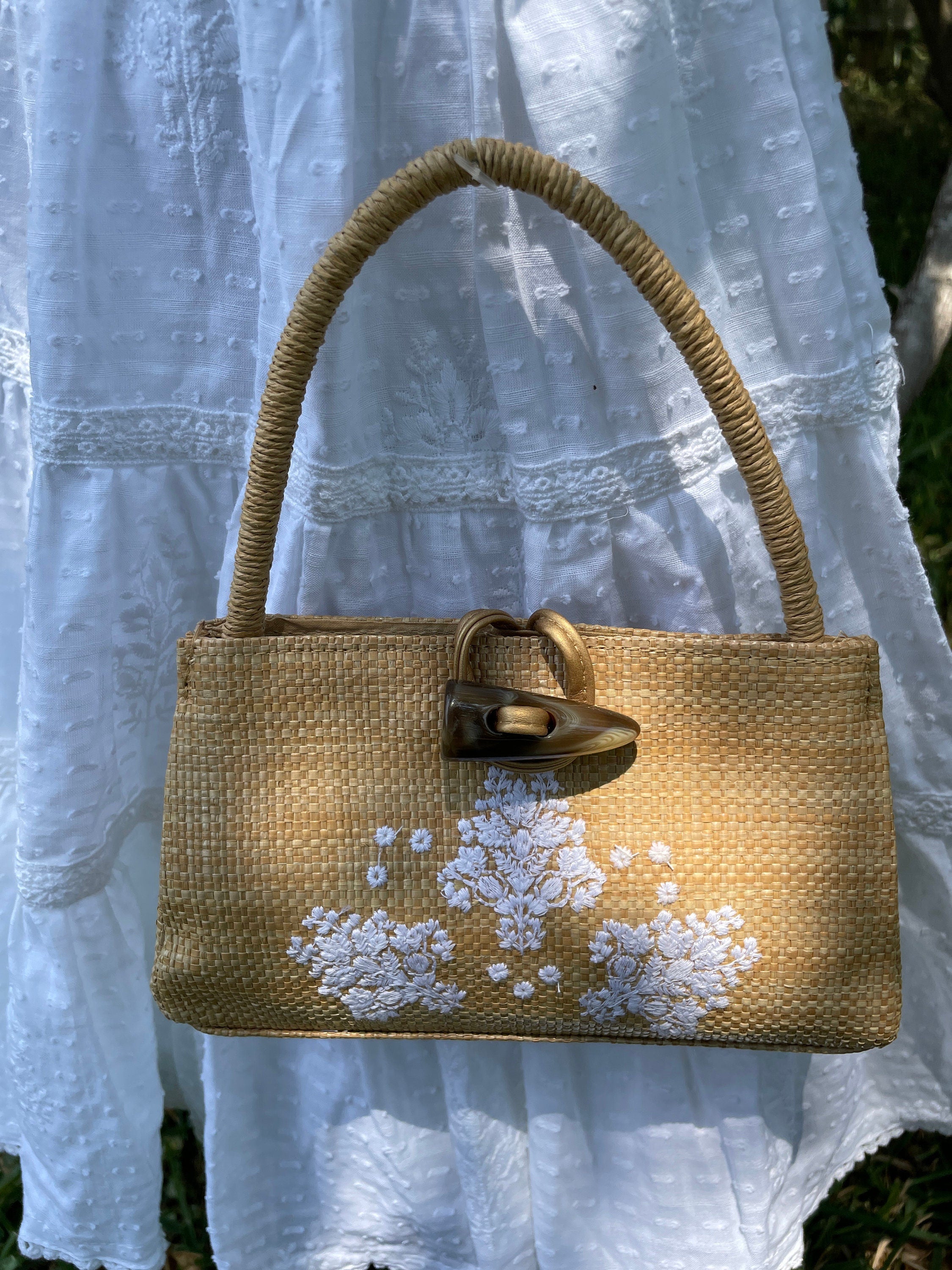 Image of Beautiful White Summer Girls Dress with Embroidered Faux Leather Bag