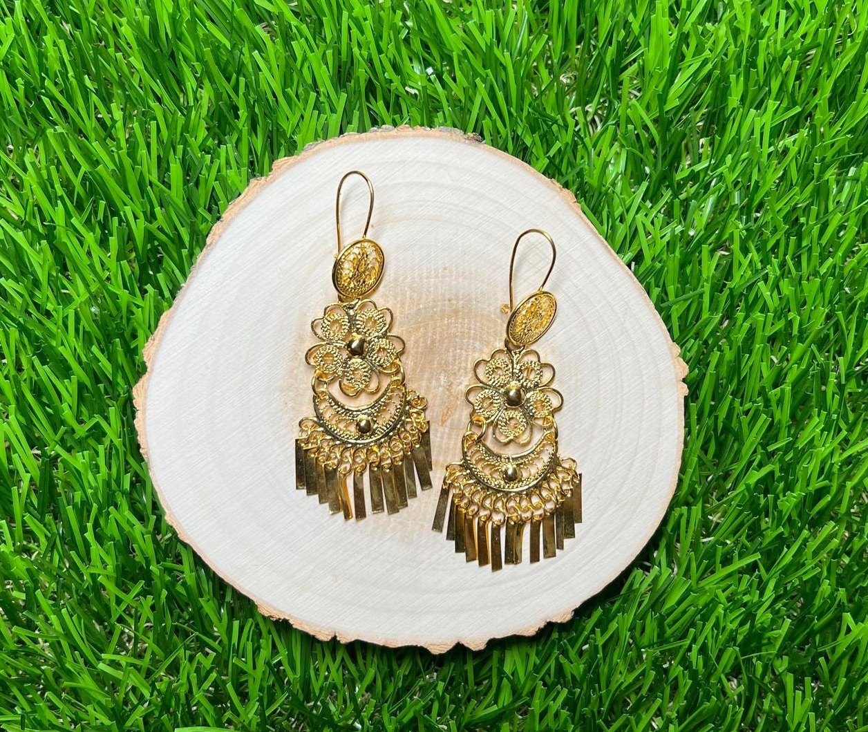 Image of Margarita Luna- Mexican Artisanal Earrings- Beautiful Filigree Gold Plated Folkloric Earrings made by our Oaxaca Artisan Partners
