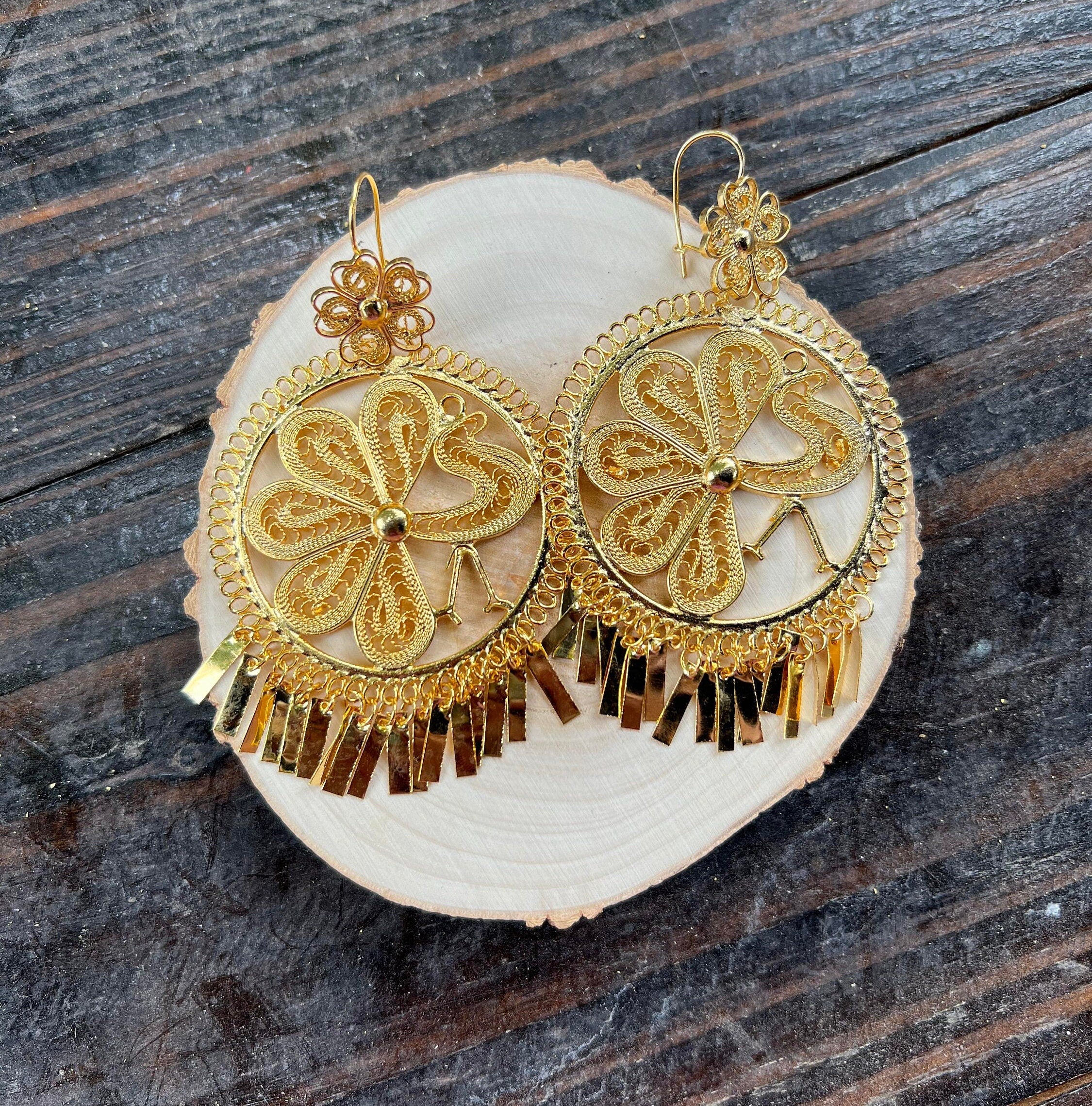 Image of Peacock-Gorgeous & Elegant Mexican Artisanal Gold Plated Filigree Earrings - Beautifully made by our Oaxaca Artisan Partners