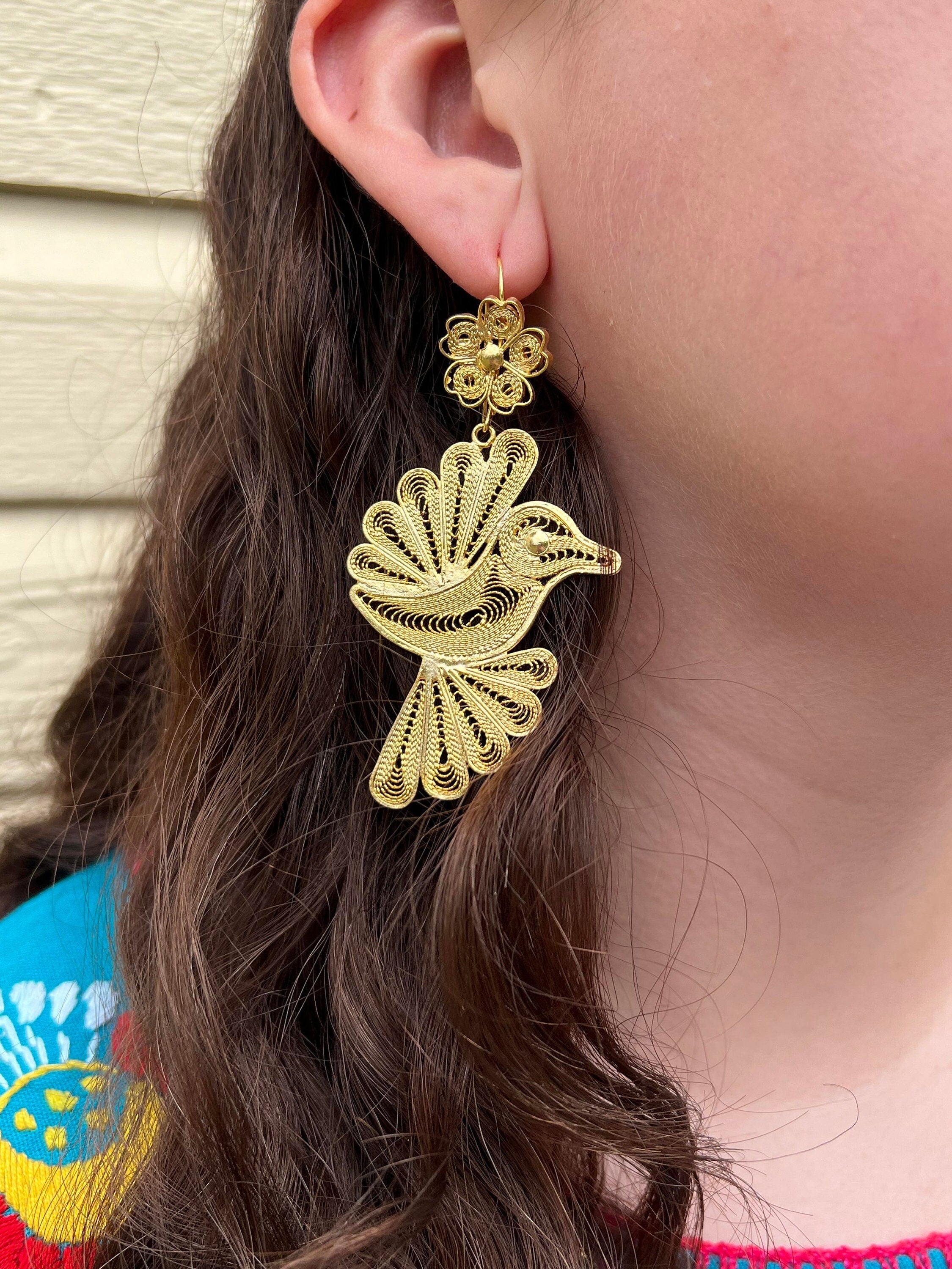 Image of Humming Bird - Mexican Artisanal Earrings - Beautiful Gold Plated Bird Folkloric Earrings made by our Oaxaca Artisan Partners