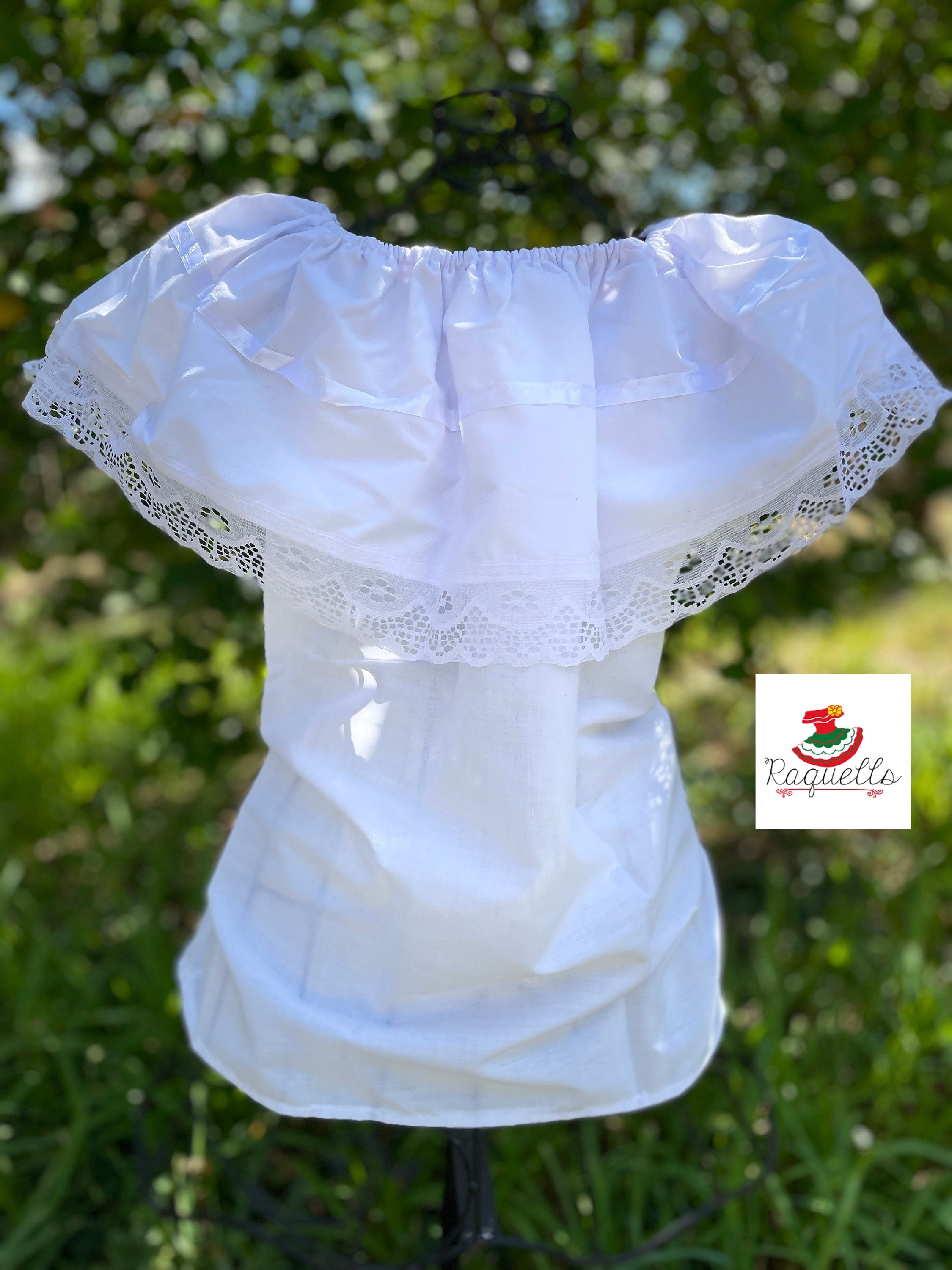 Image of White Peasant Blouse - with satin white ribbon & white lace