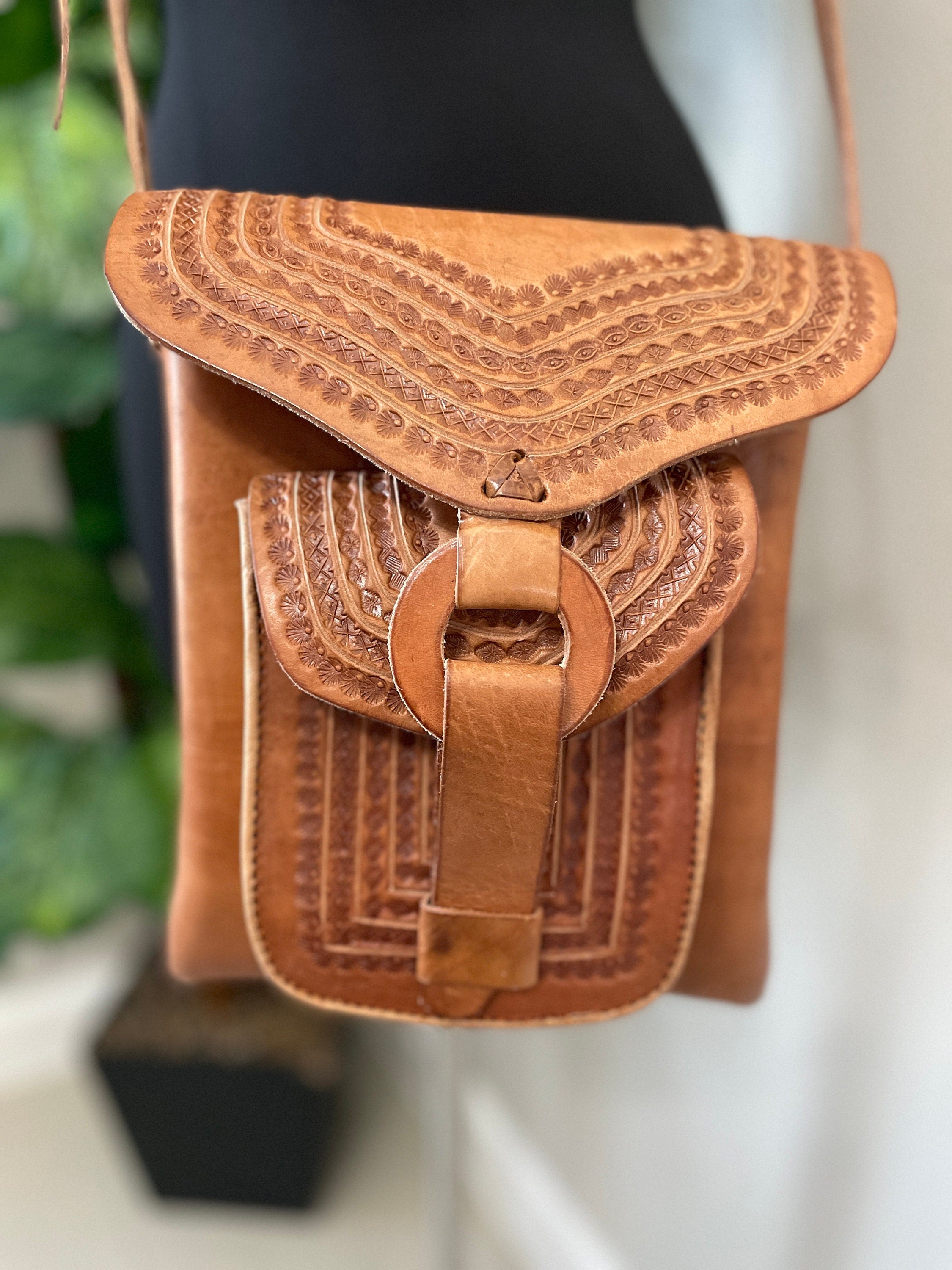 Image of Handmade Leather Crossbody Purses - Embroidered Genuine Leather Bag