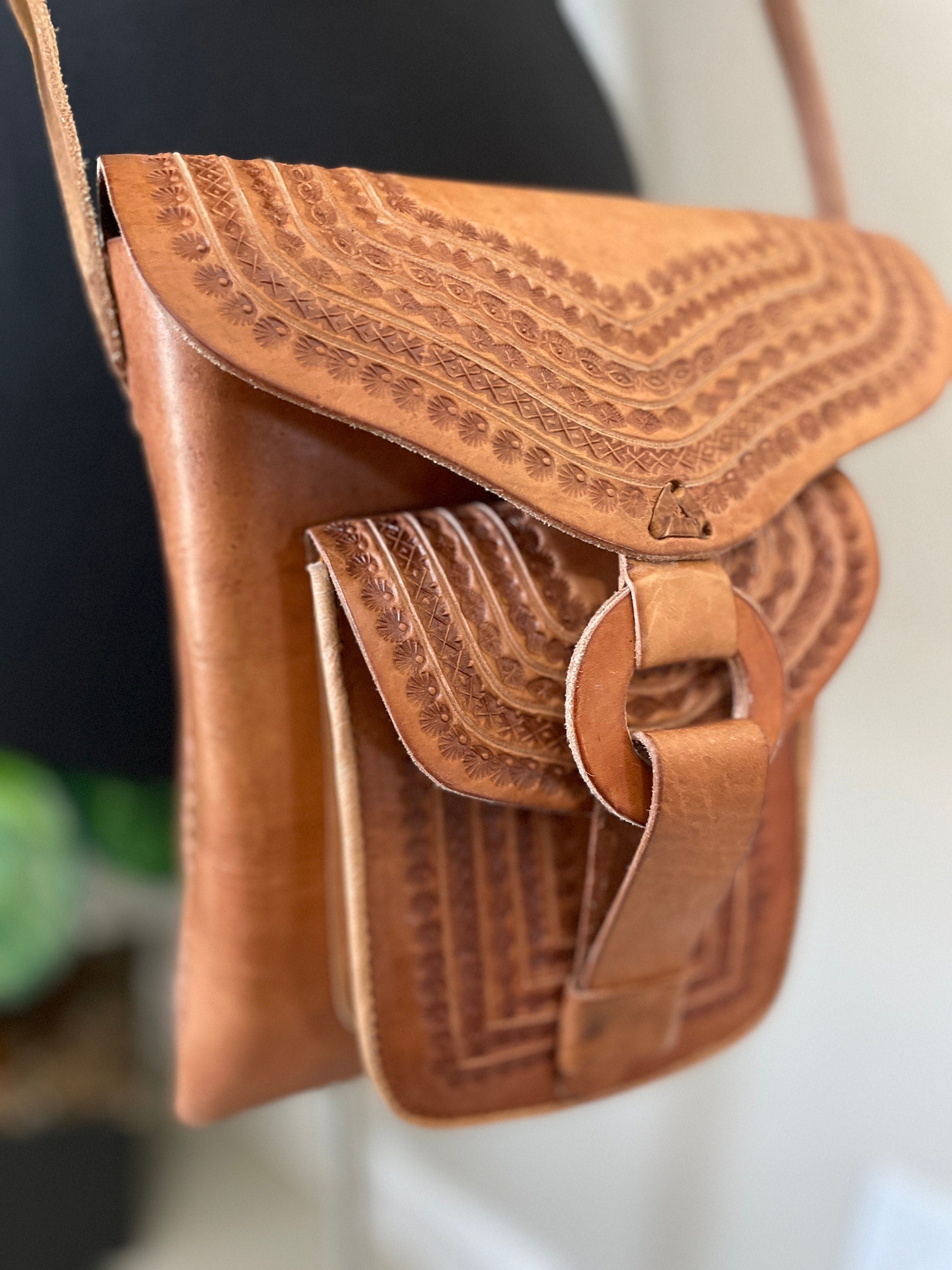 Image of Handmade Leather Crossbody Purses - Embroidered Genuine Leather Bag