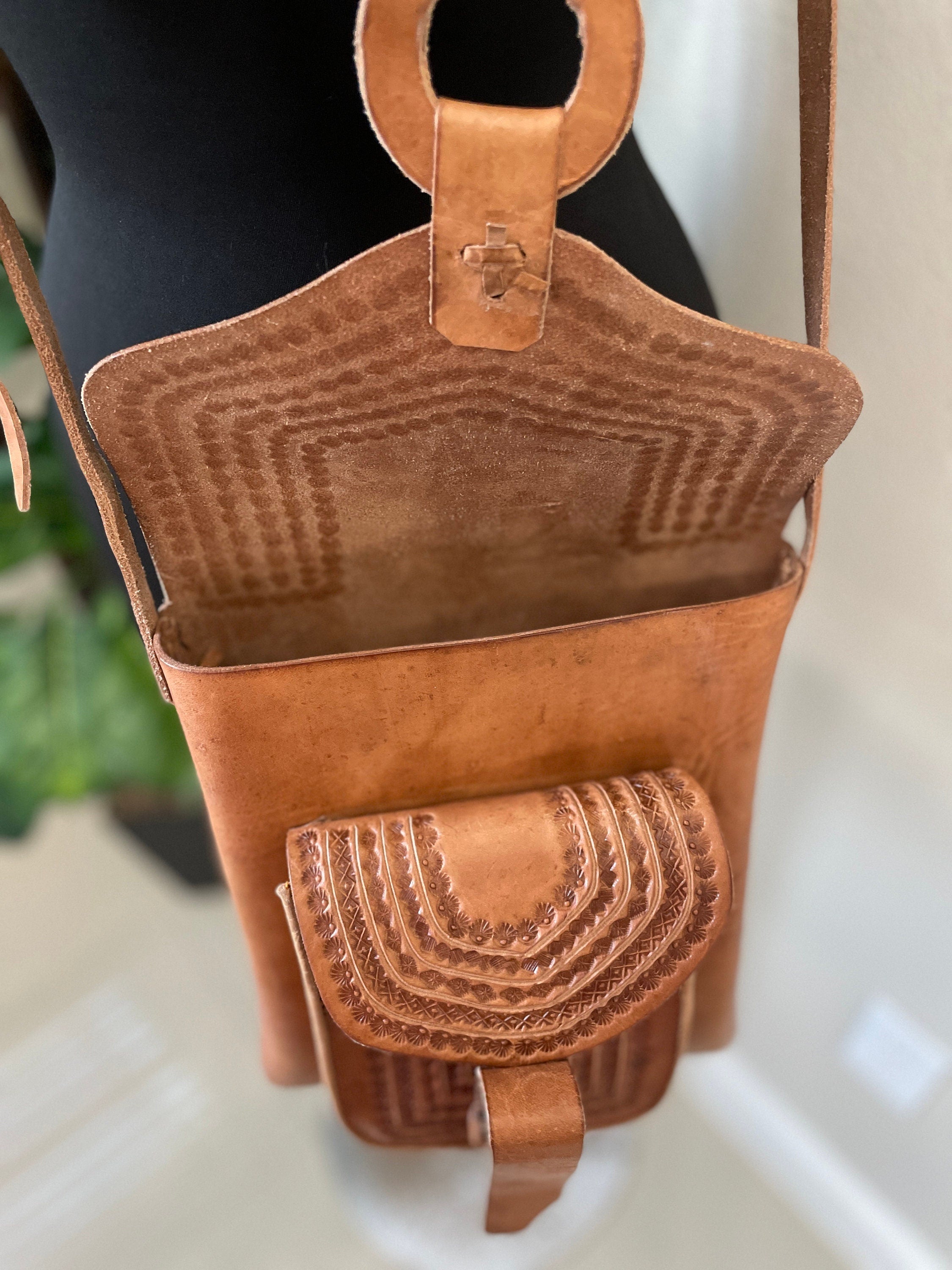 Image of Handmade Leather Crossbody Purses - Embroidered Genuine Leather Bag