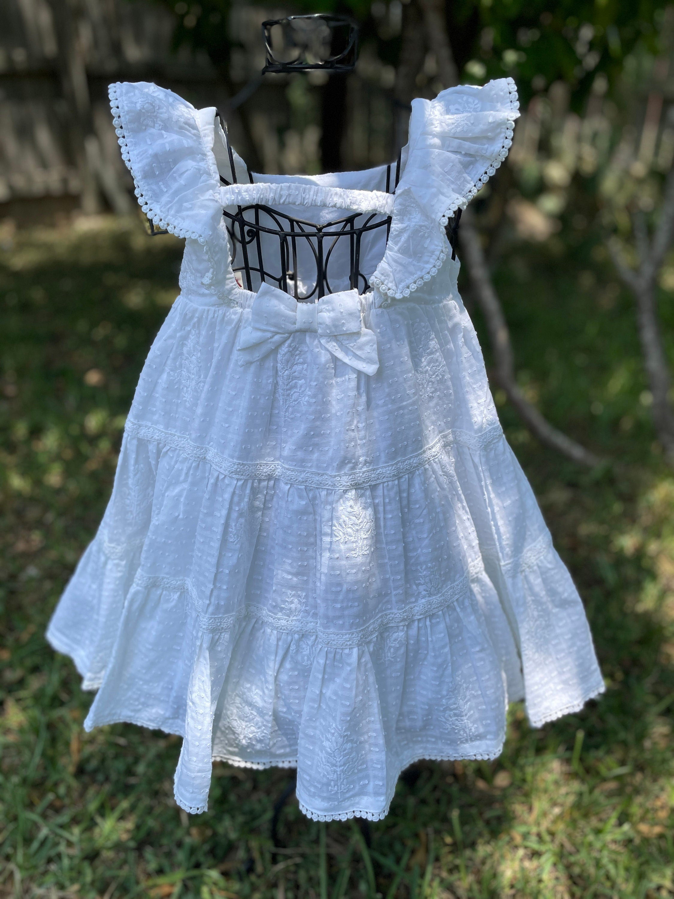 Image of Beautiful White Summer Girls Dress with Embroidered Faux Leather Bag