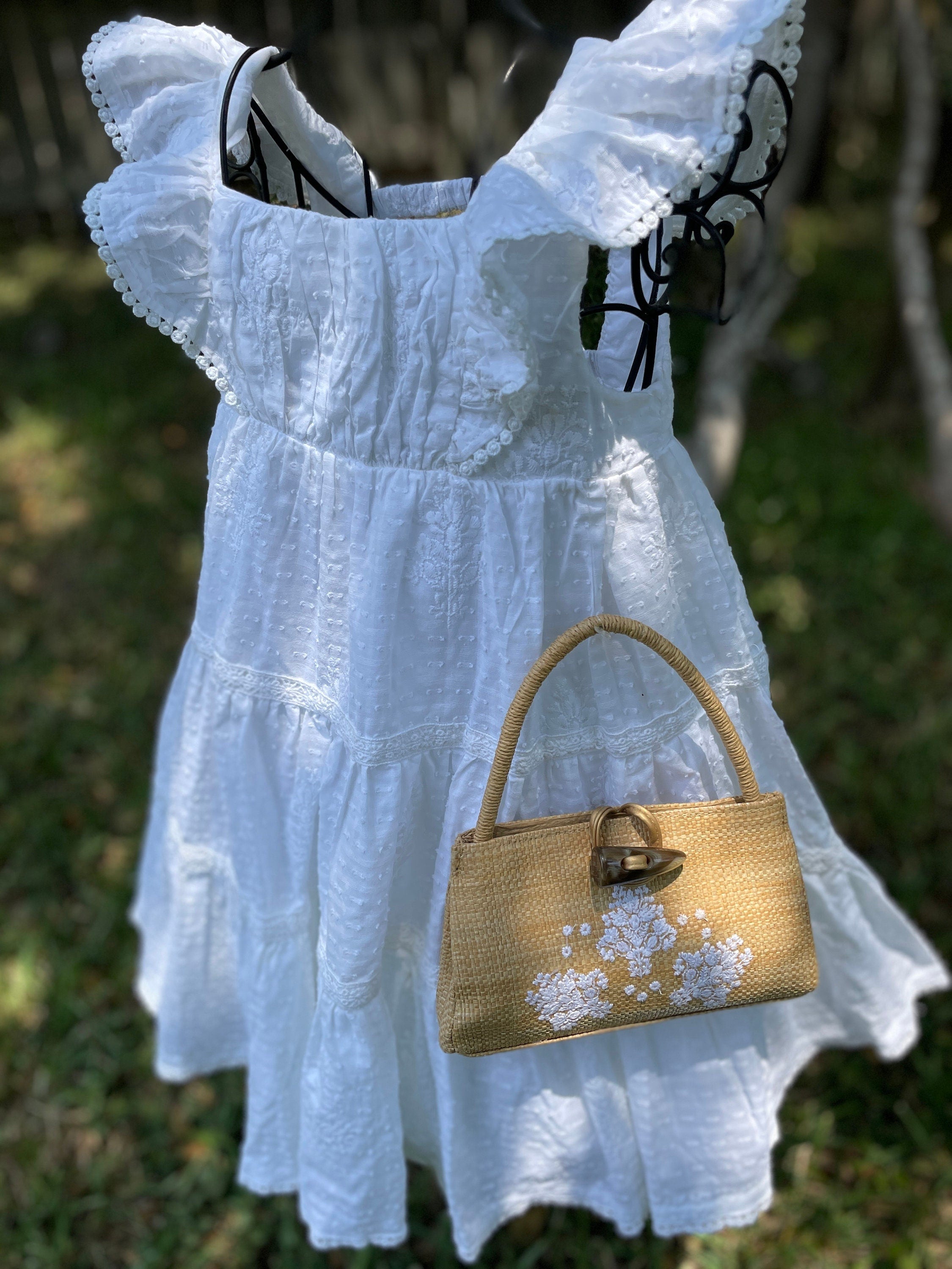 Beautiful White Summer Girls Dress with Embroidered Faux Leather Bag