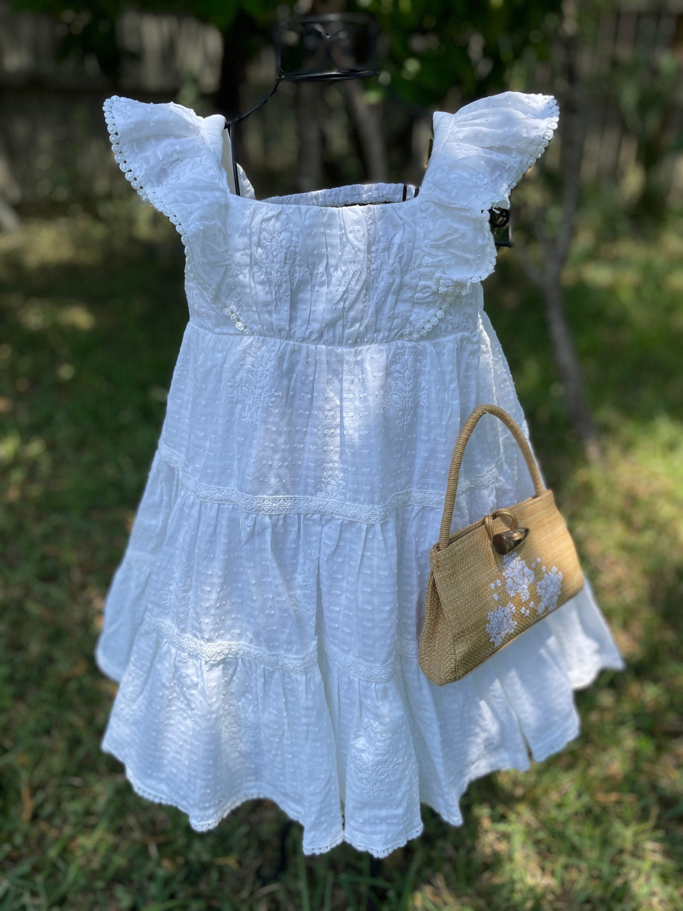 Image of Beautiful White Summer Girls Dress with Embroidered Faux Leather Bag