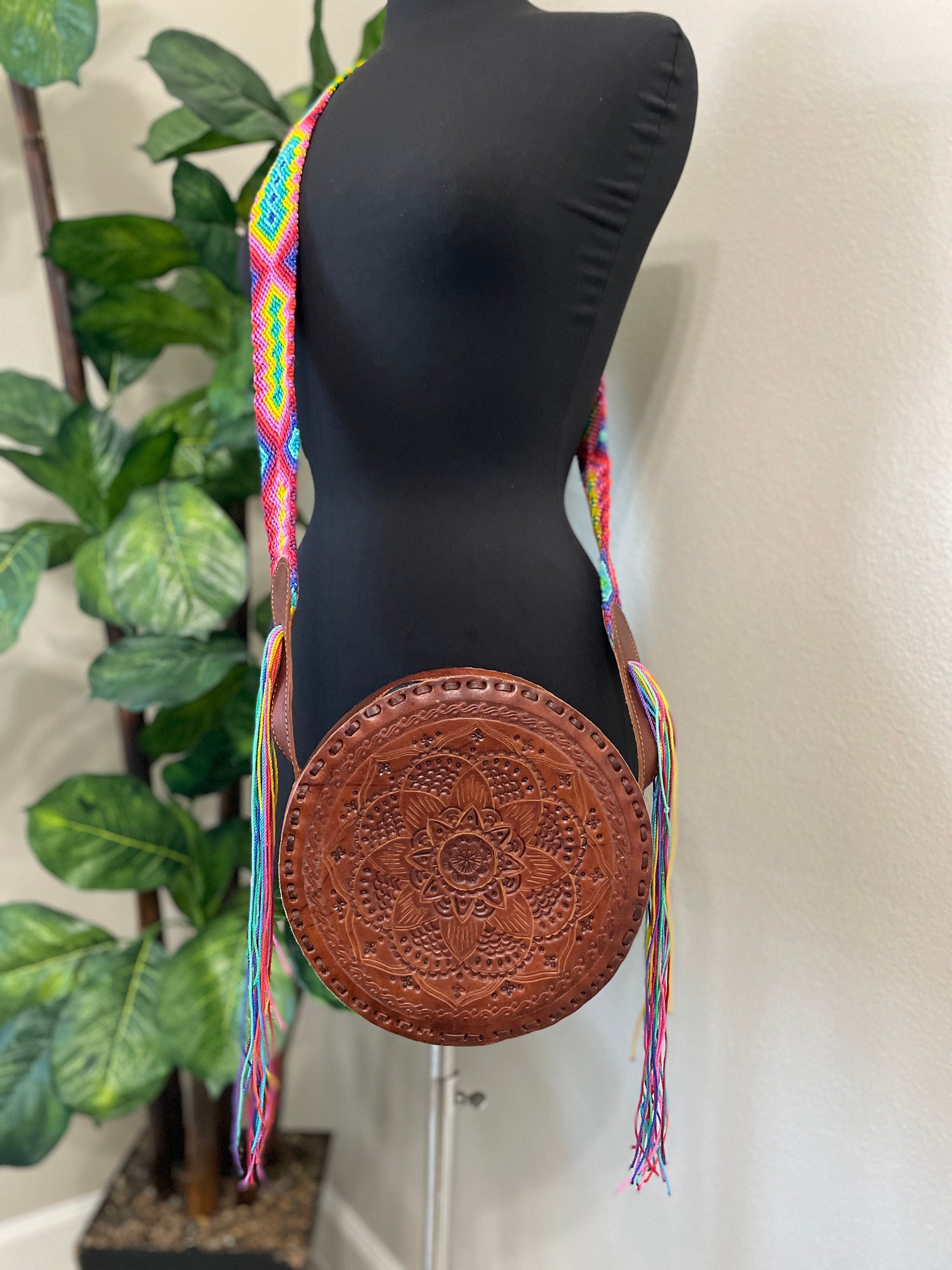 Image of Handmade Round Leather Crossbody Purses - Embroidered Genuine Leather Bag - Boho Leather Purse