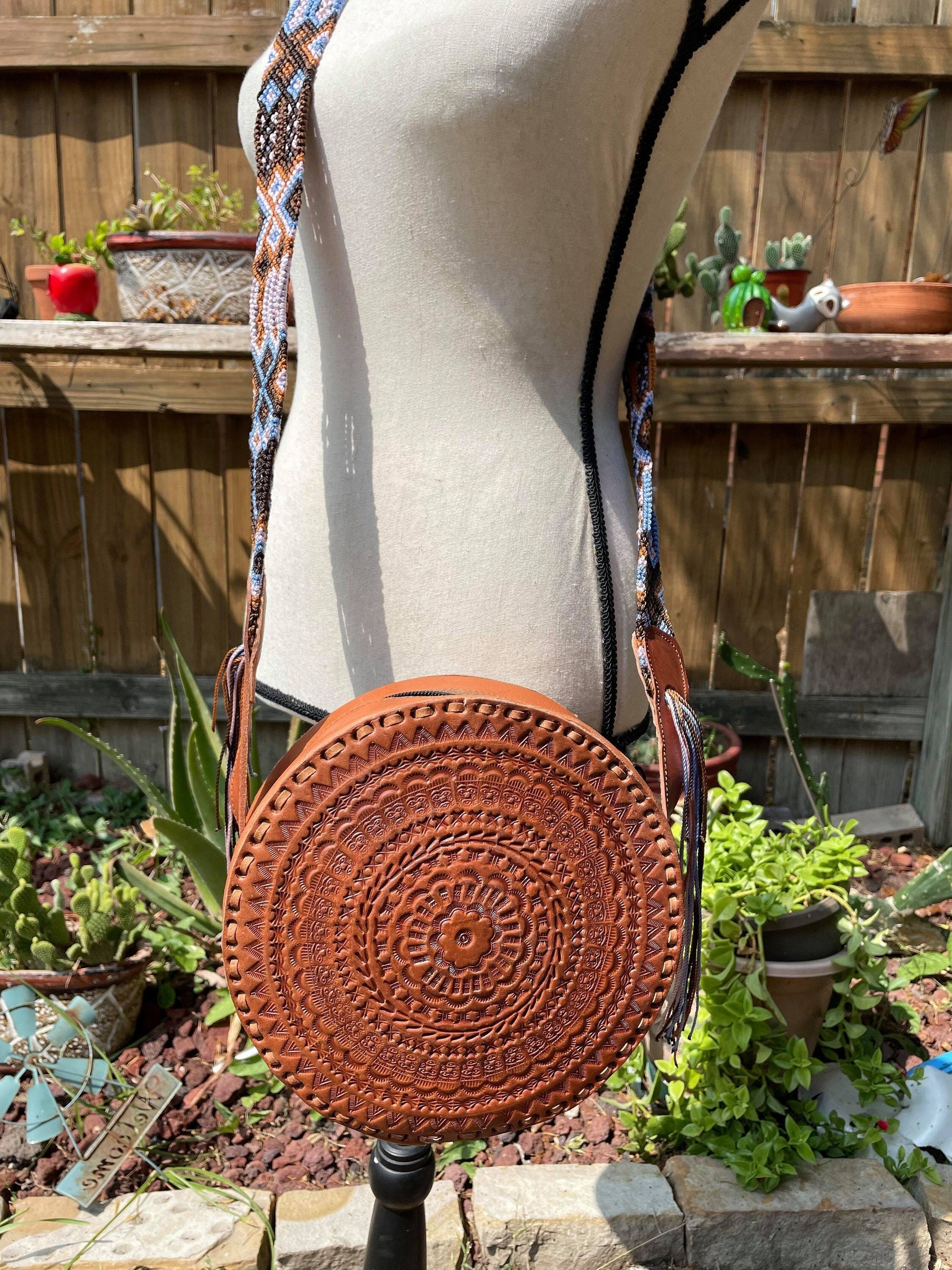 Image of Handmade Round Leather Crossbody Purses - Embroidered Genuine Leather Bag - Boho Leather Purse