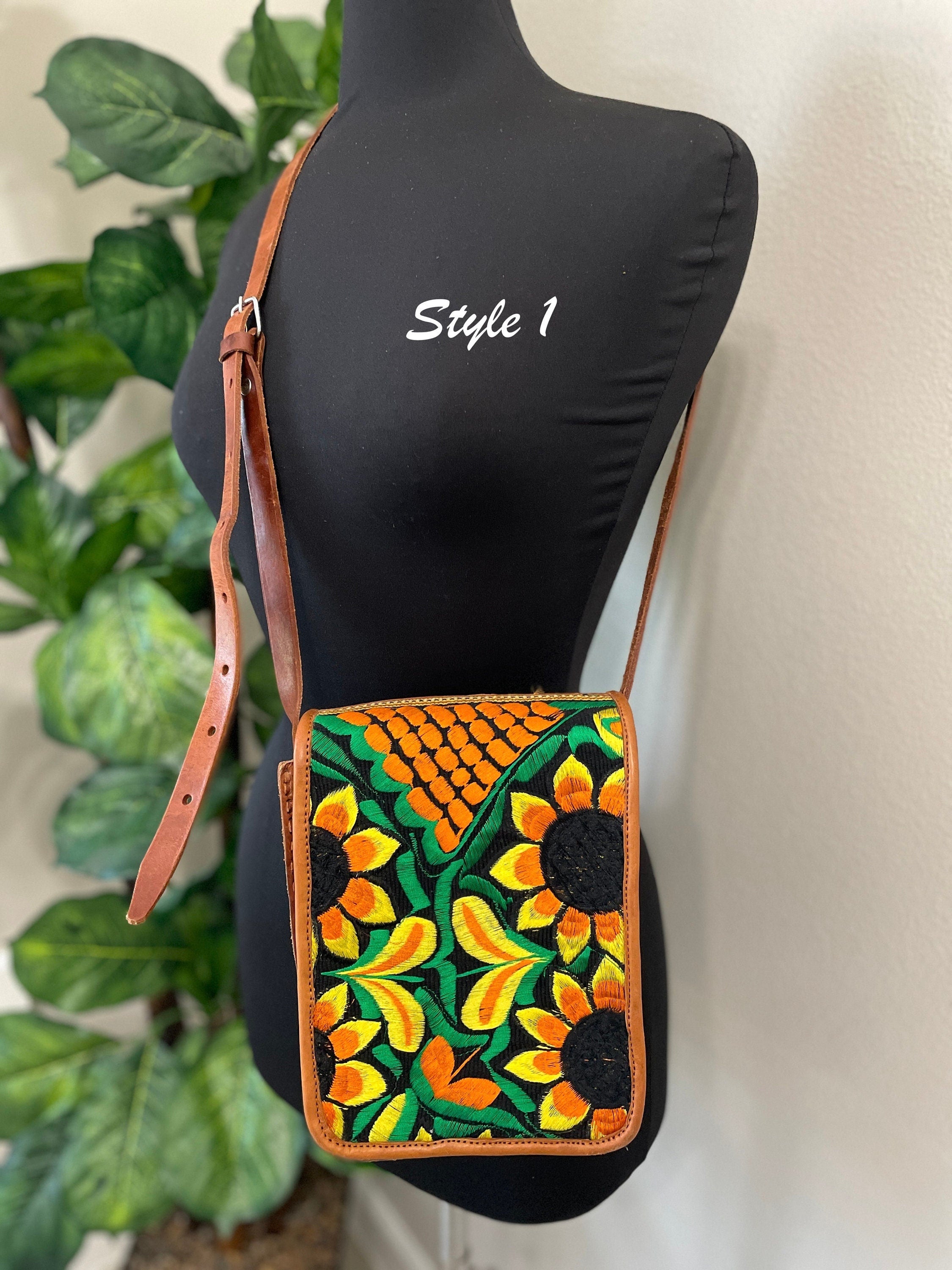 Embroidered Genuine Leather Bag - Handmade Sunflower Side Bag