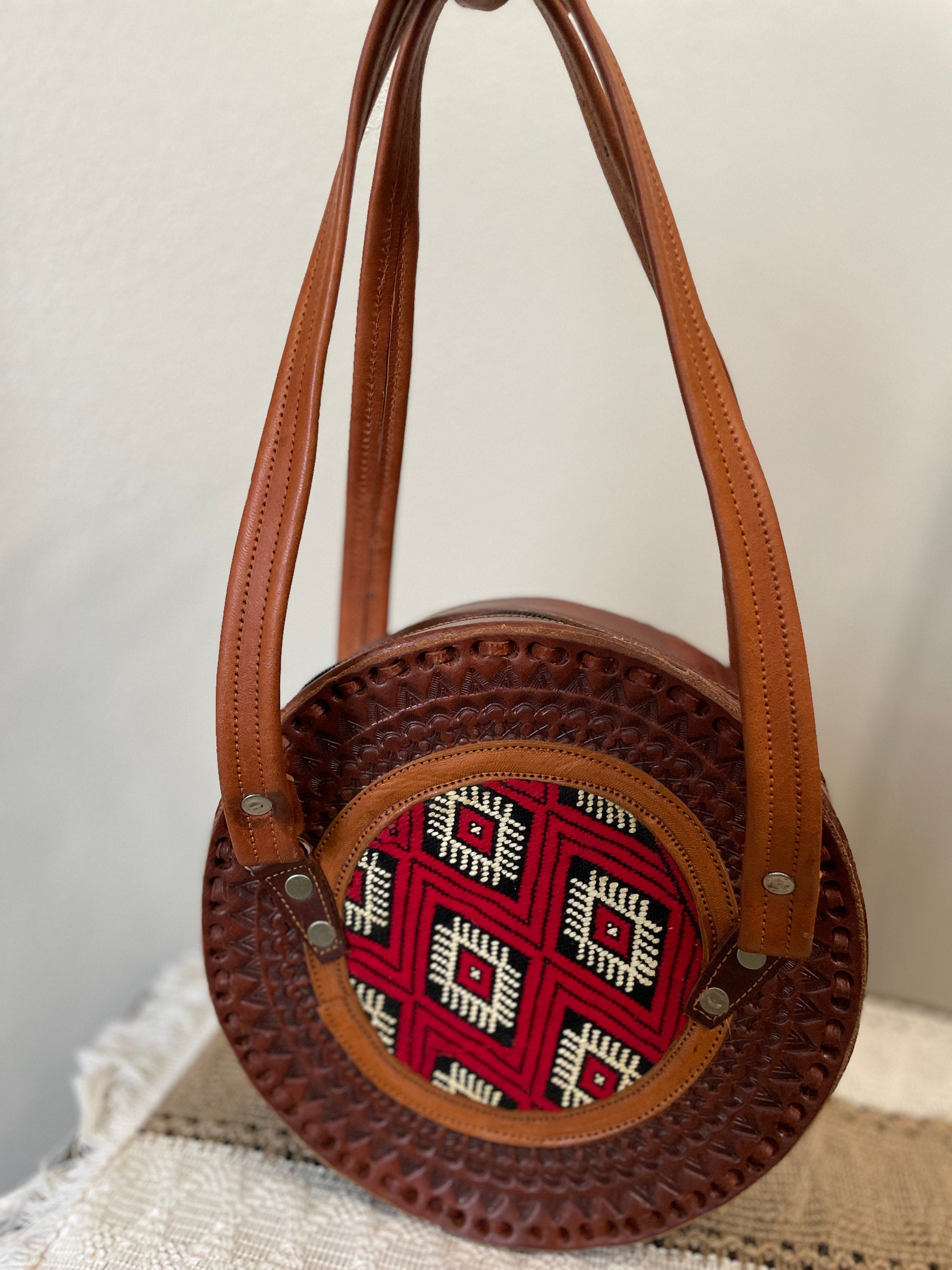 Image of Handmade Leather Crossbody Purses - Embroidered Genuine Leather Bag