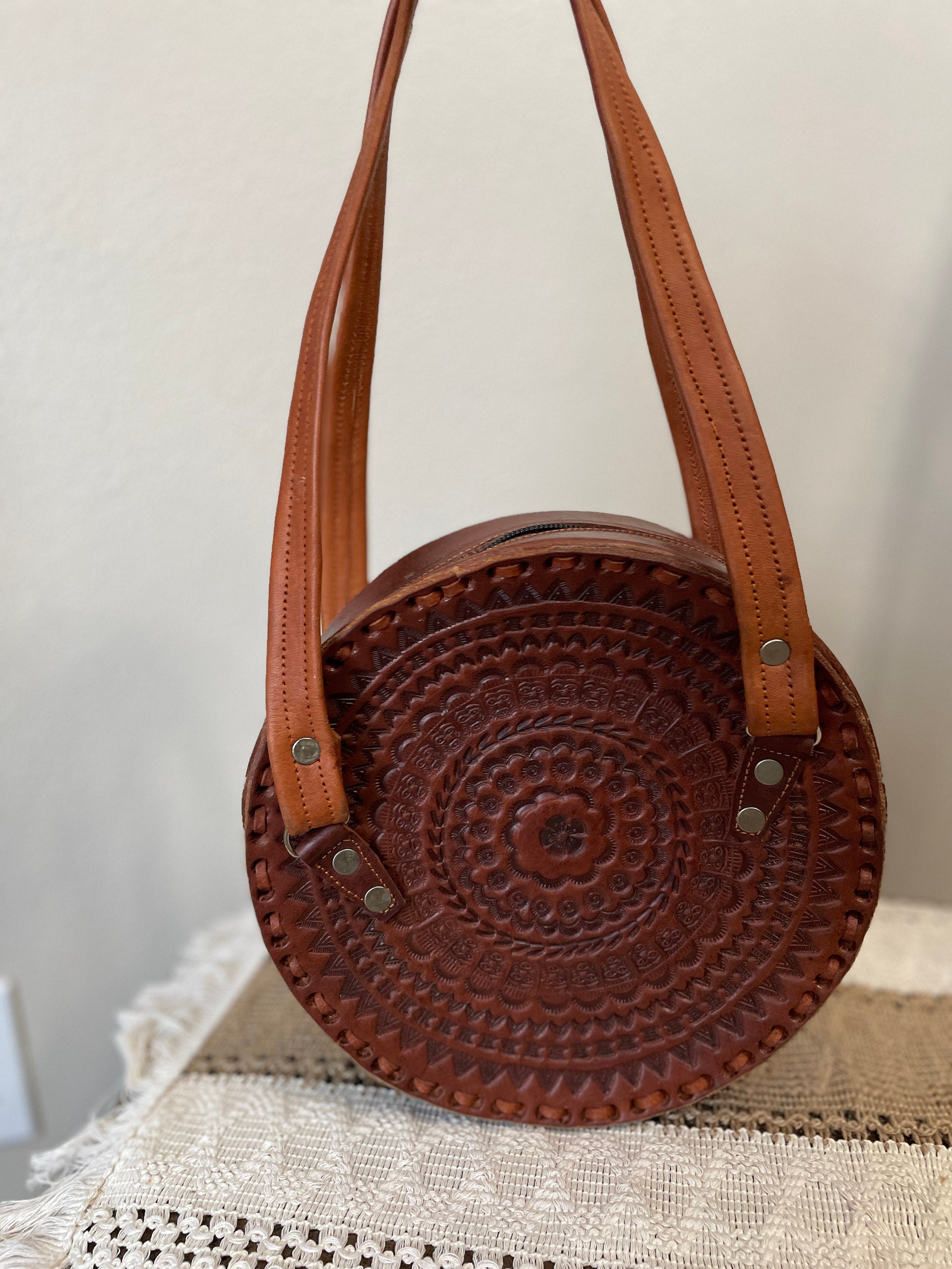 Image of Handmade Leather Crossbody Purses - Embroidered Genuine Leather Bag