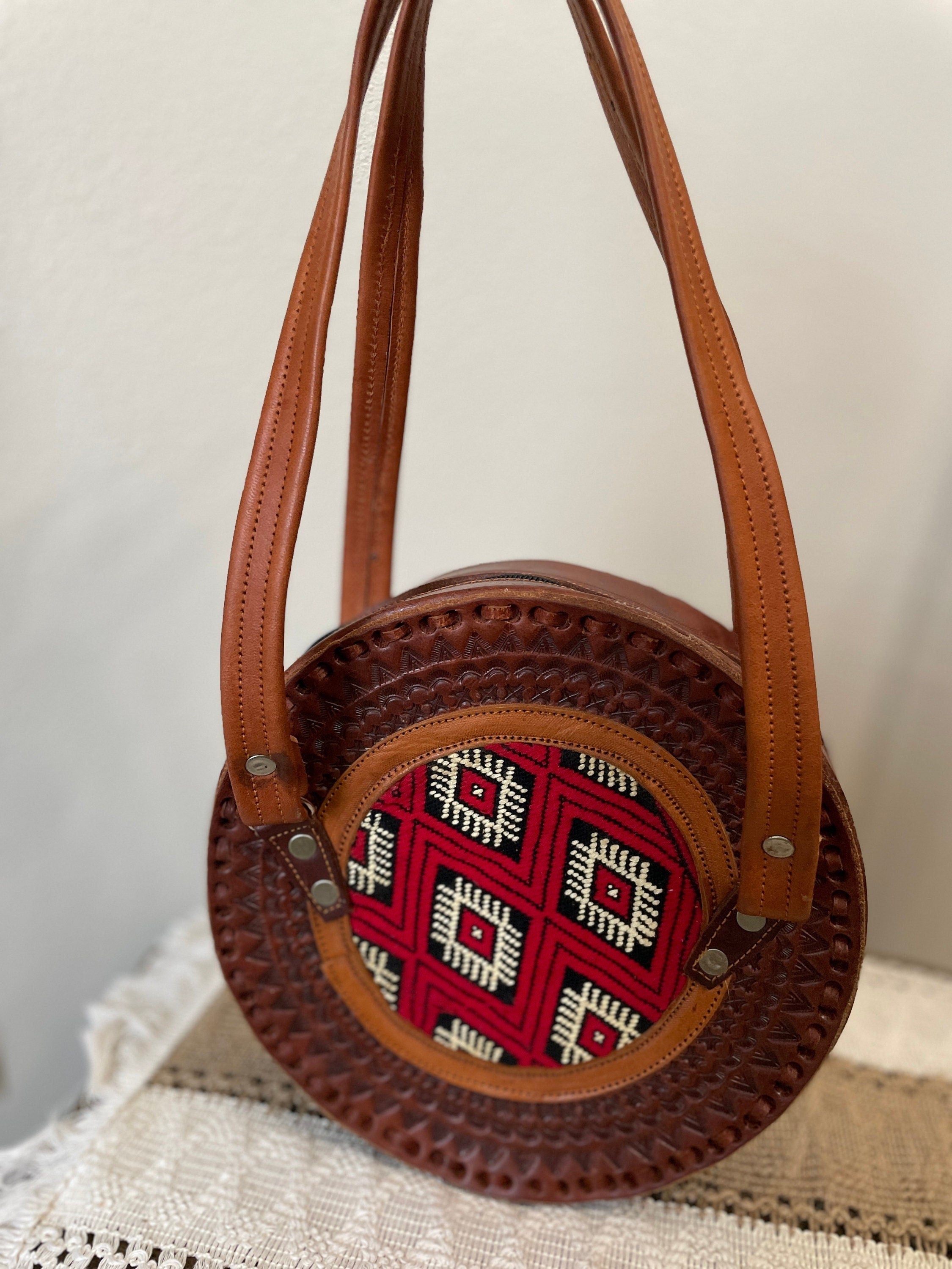 Image of Handmade Leather Crossbody Purses - Embroidered Genuine Leather Bag
