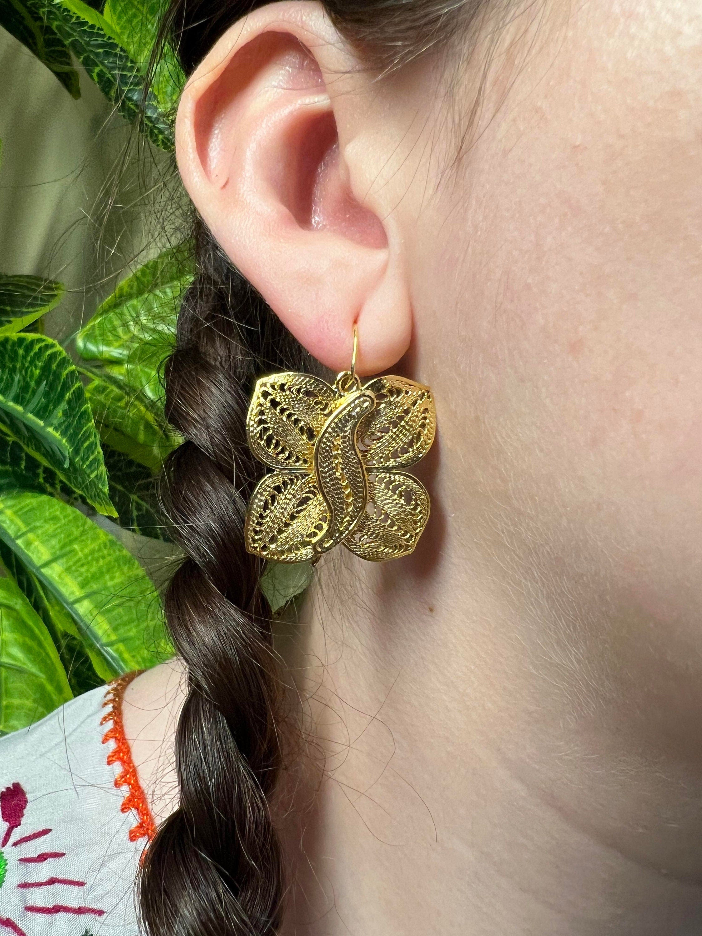 Image of Mariposa - Mexican Artisanal Earrings- Beautiful Filigree Gold Plated Butterfly Folkloric Earrings made by our Oaxaca Artisan Partners