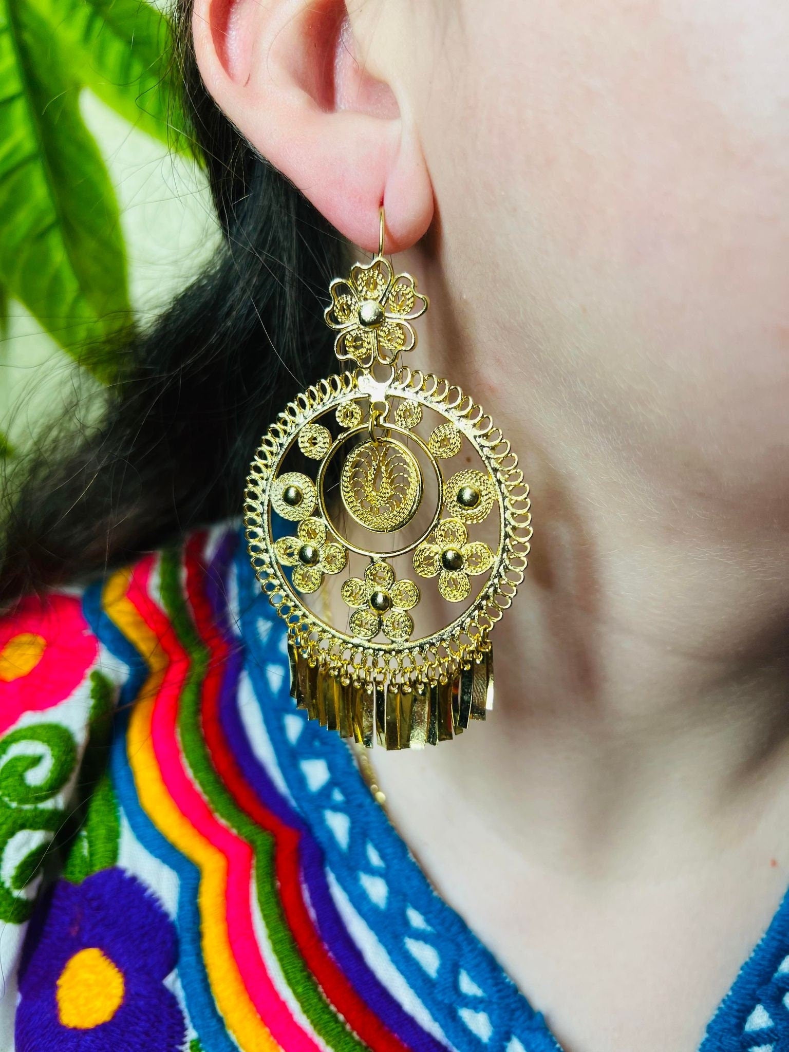 Image of Floral -Inspired Gorgeous & Elegant Mexican Artisanal Gold-Plated Filigree Earrings, beautifully made by our Artisan Oaxaca Partners