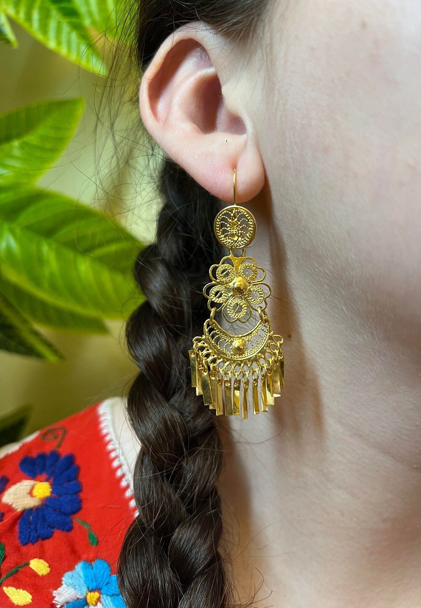 Image of Margarita Luna- Mexican Artisanal Earrings- Beautiful Filigree Gold Plated Folkloric Earrings made by our Oaxaca Artisan Partners