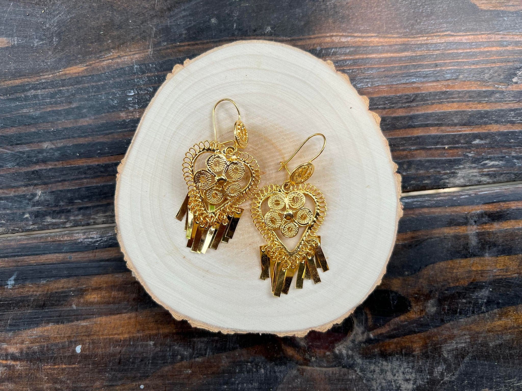 Image of Corazon Relieve - Mexican Artisanal Earrings- Beautiful Filigree Gold Plated Folkloric Earrings made by our Oaxaca Artisan Partners