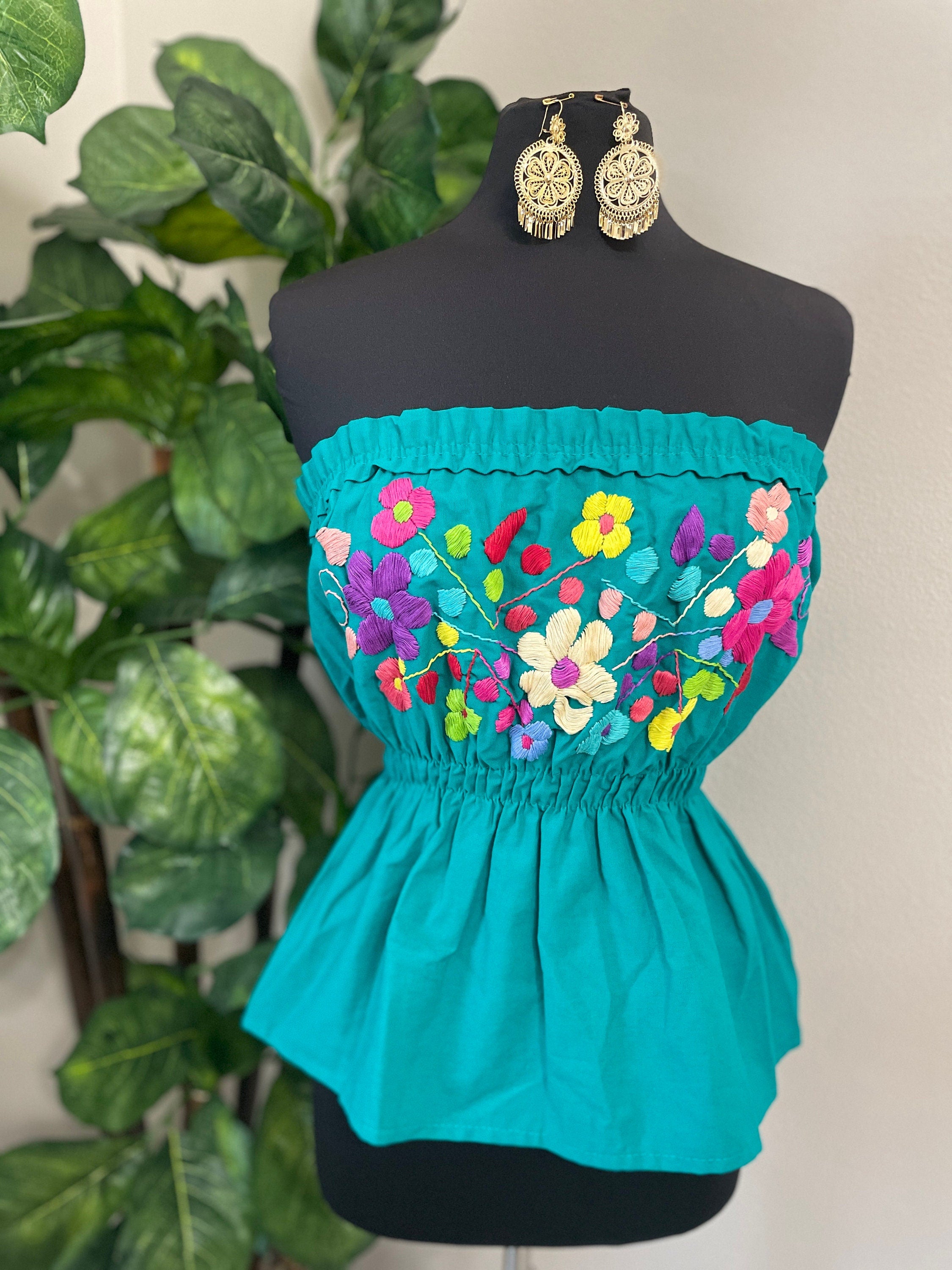Image of Fresh Look & Beautiful Mexican Floral Halter Blouse - Artisan Made Embroidered Blouses - Floral Halter Blouse- Tube Top