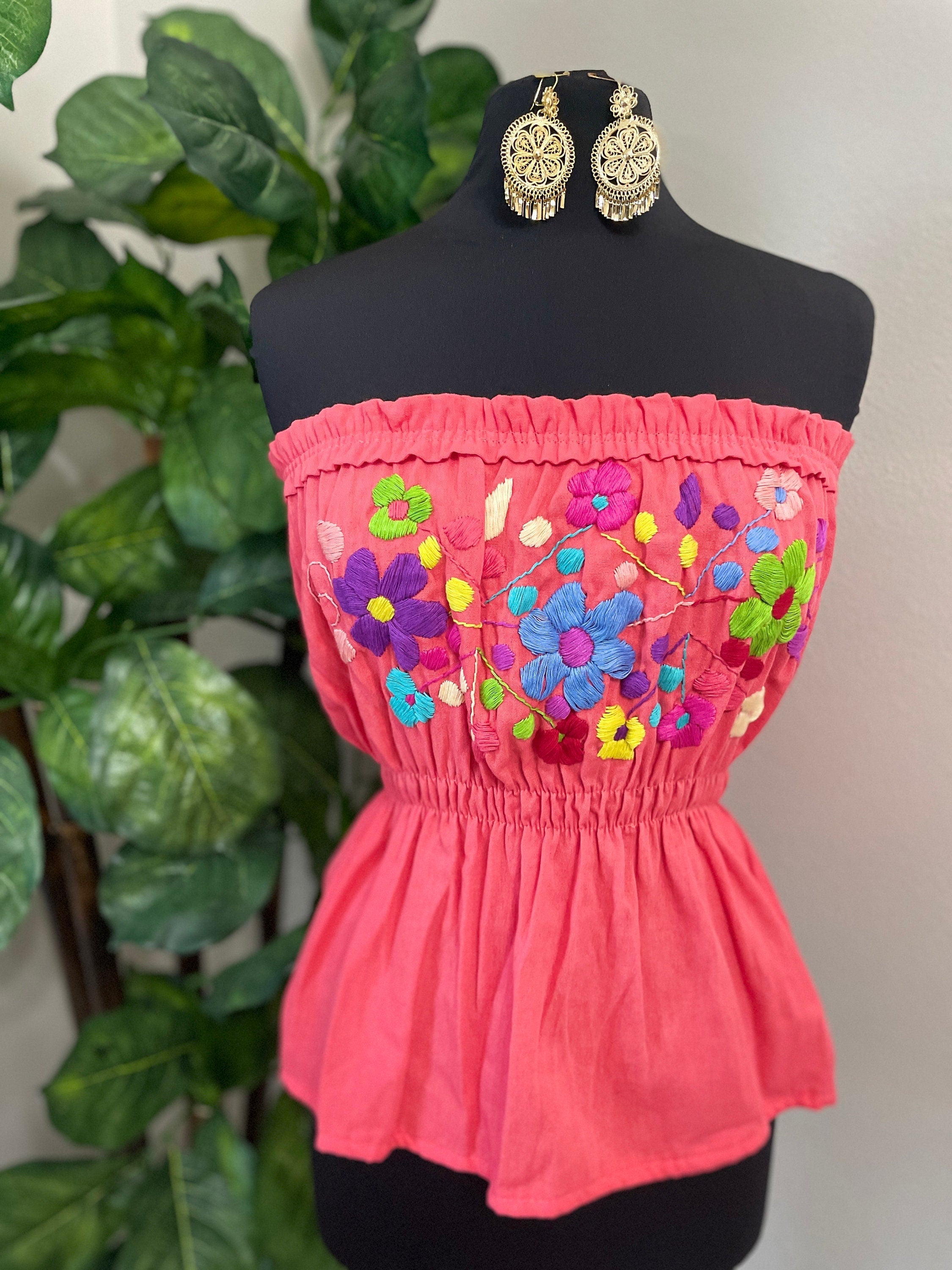 Image of Fresh Look & Beautiful Mexican Floral Halter Blouse - Artisan Made Embroidered Blouses - Floral Halter Blouse- Tube Top