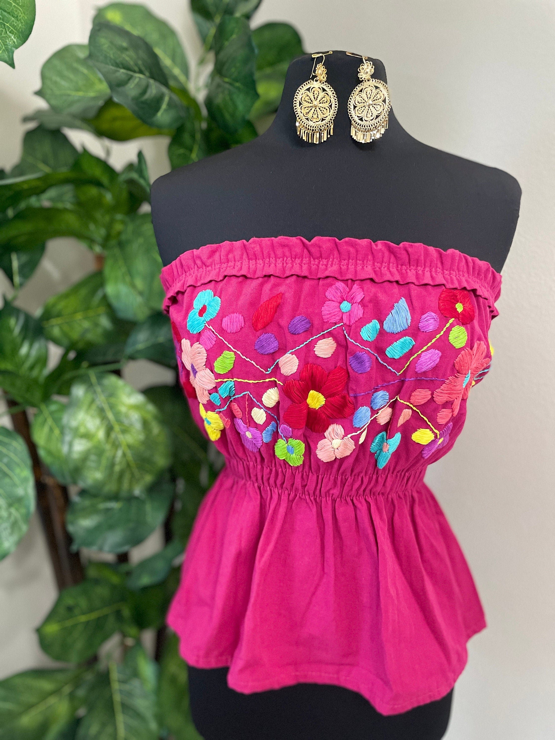 Image of Fresh Look & Beautiful Mexican Floral Halter Blouse - Artisan Made Embroidered Blouses - Floral Halter Blouse- Tube Top