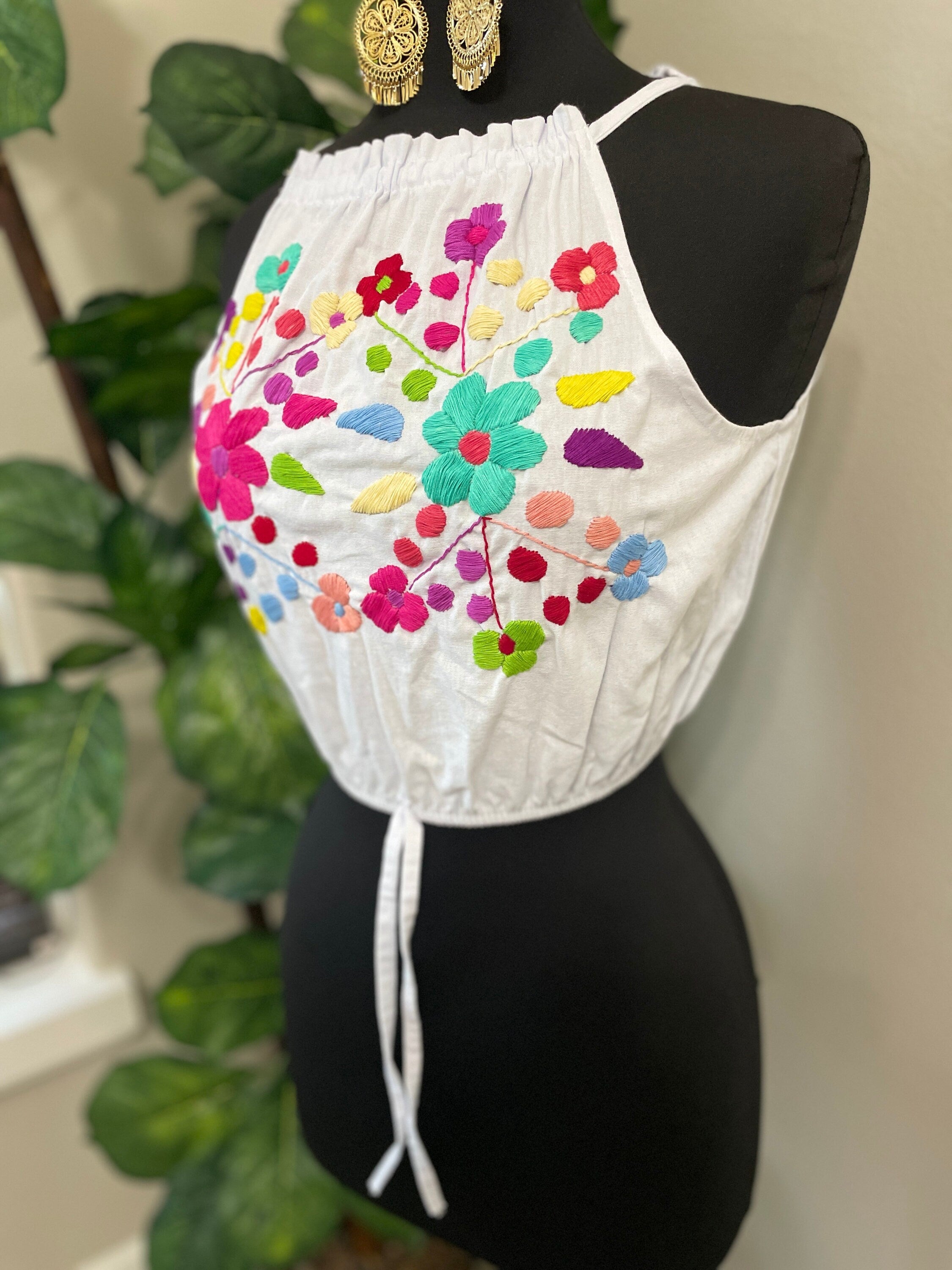 Fresh Look & Beautiful Mexican Floral Halter Blouse - Artisan Made Embroidered Blouses - Floral Halter Blouse