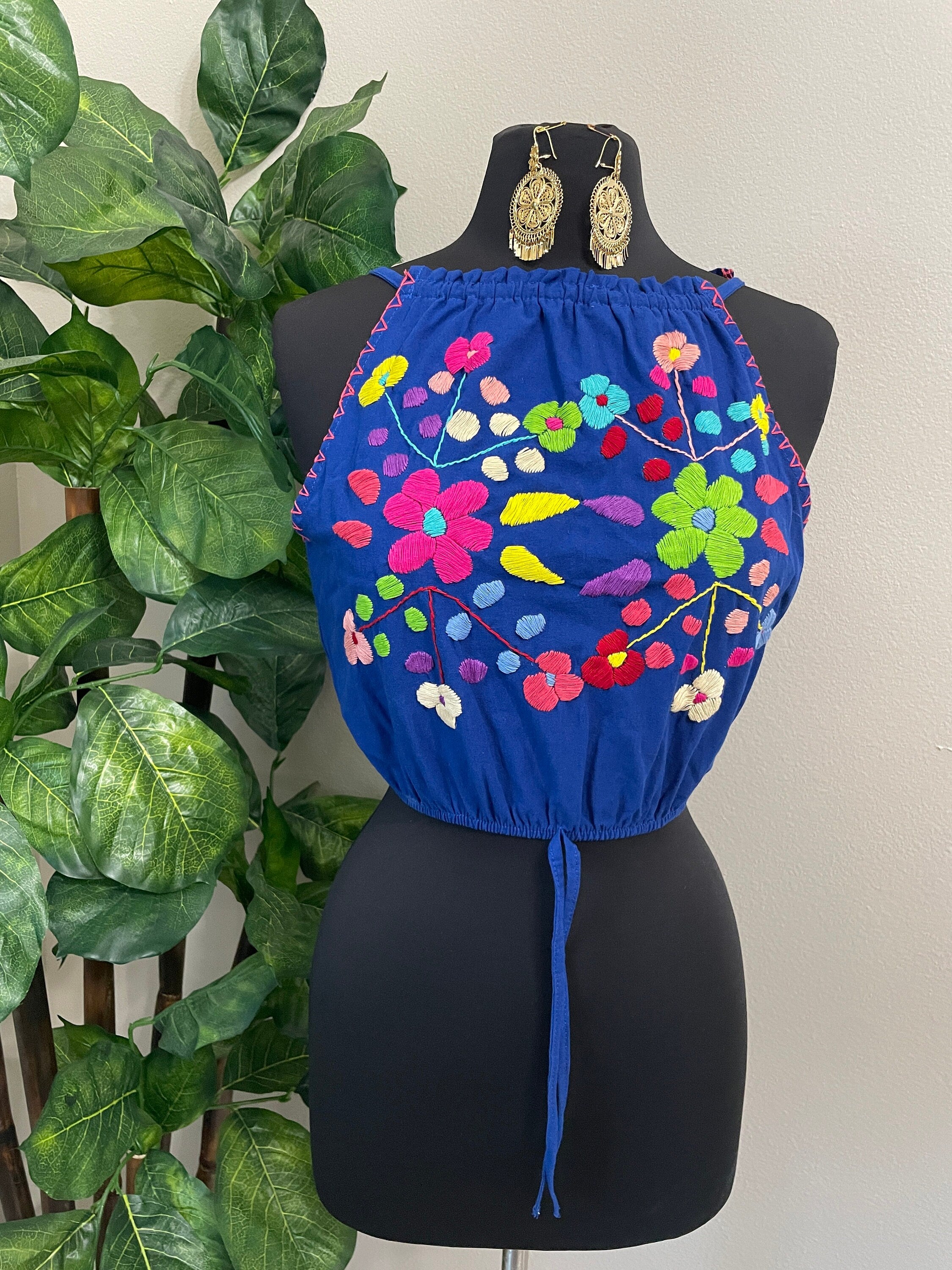 Image of Fresh Look & Beautiful Mexican Floral Halter Blouse - Artisan Made Embroidered Blouses - Floral Halter Blouse