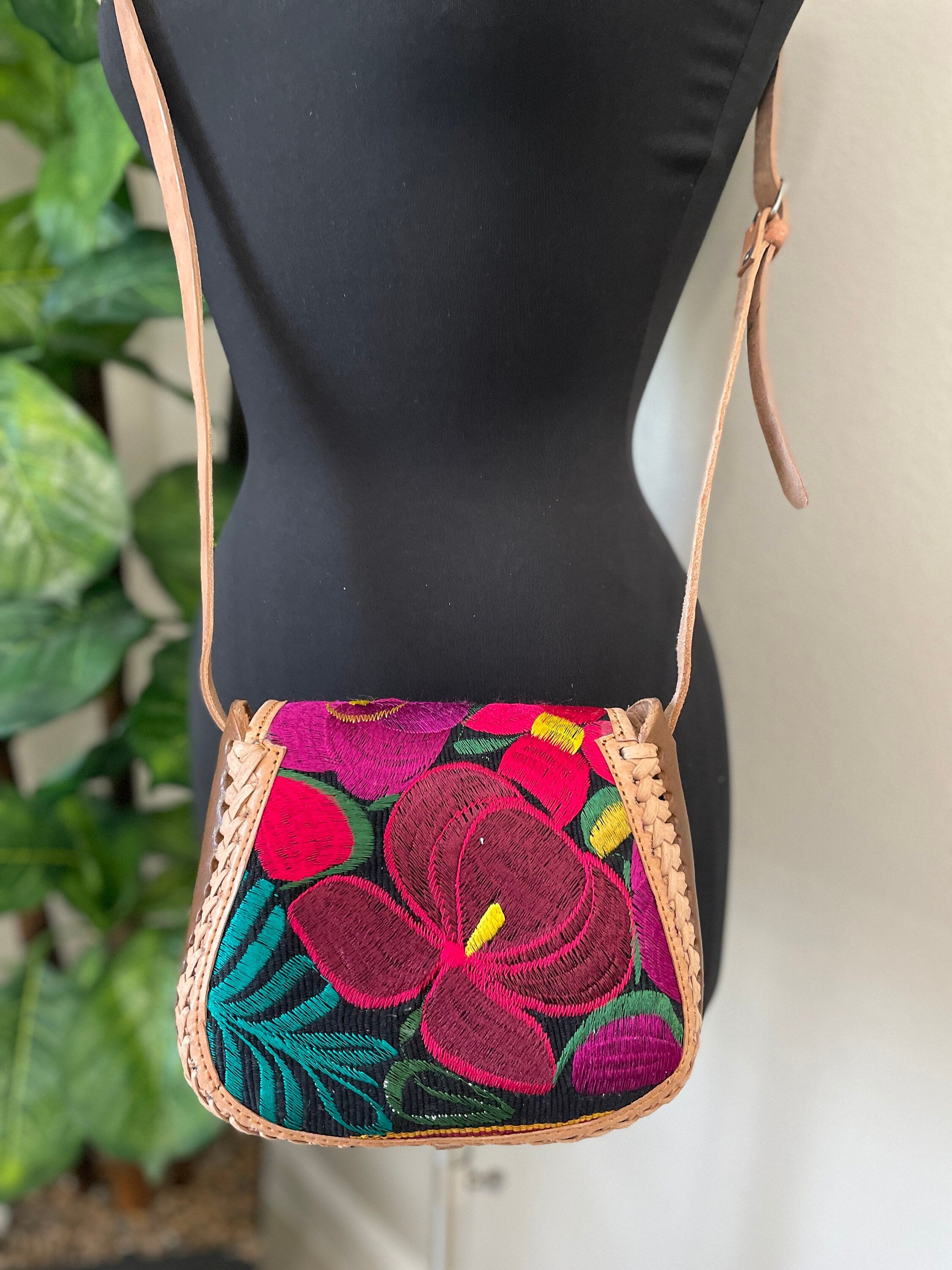 Image of Beautiful Leather Crossbody Purse - Embroidered Genuine Leather Bag