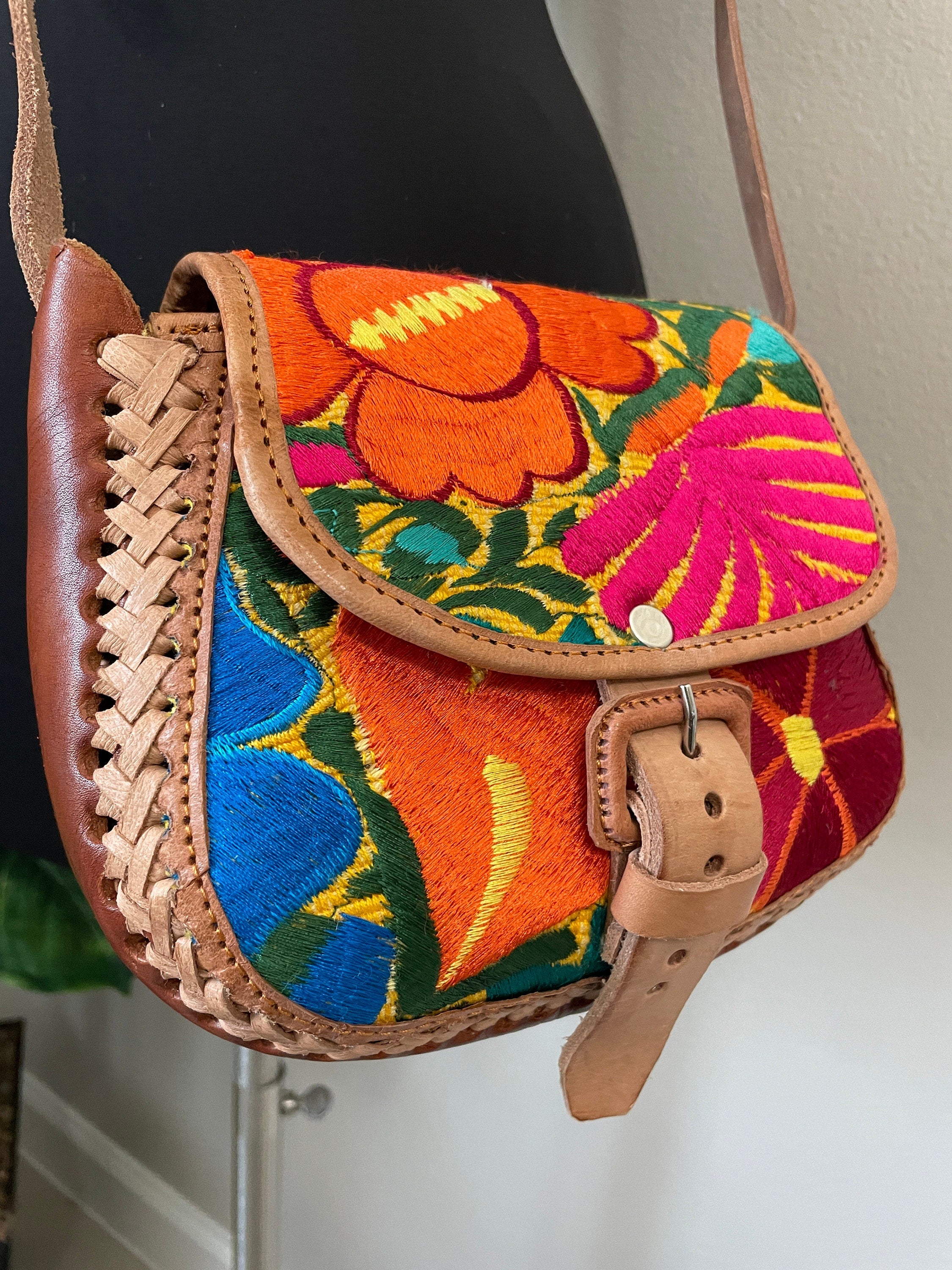 Image of Beautiful Leather Crossbody Purse - Embroidered Genuine Leather Bag