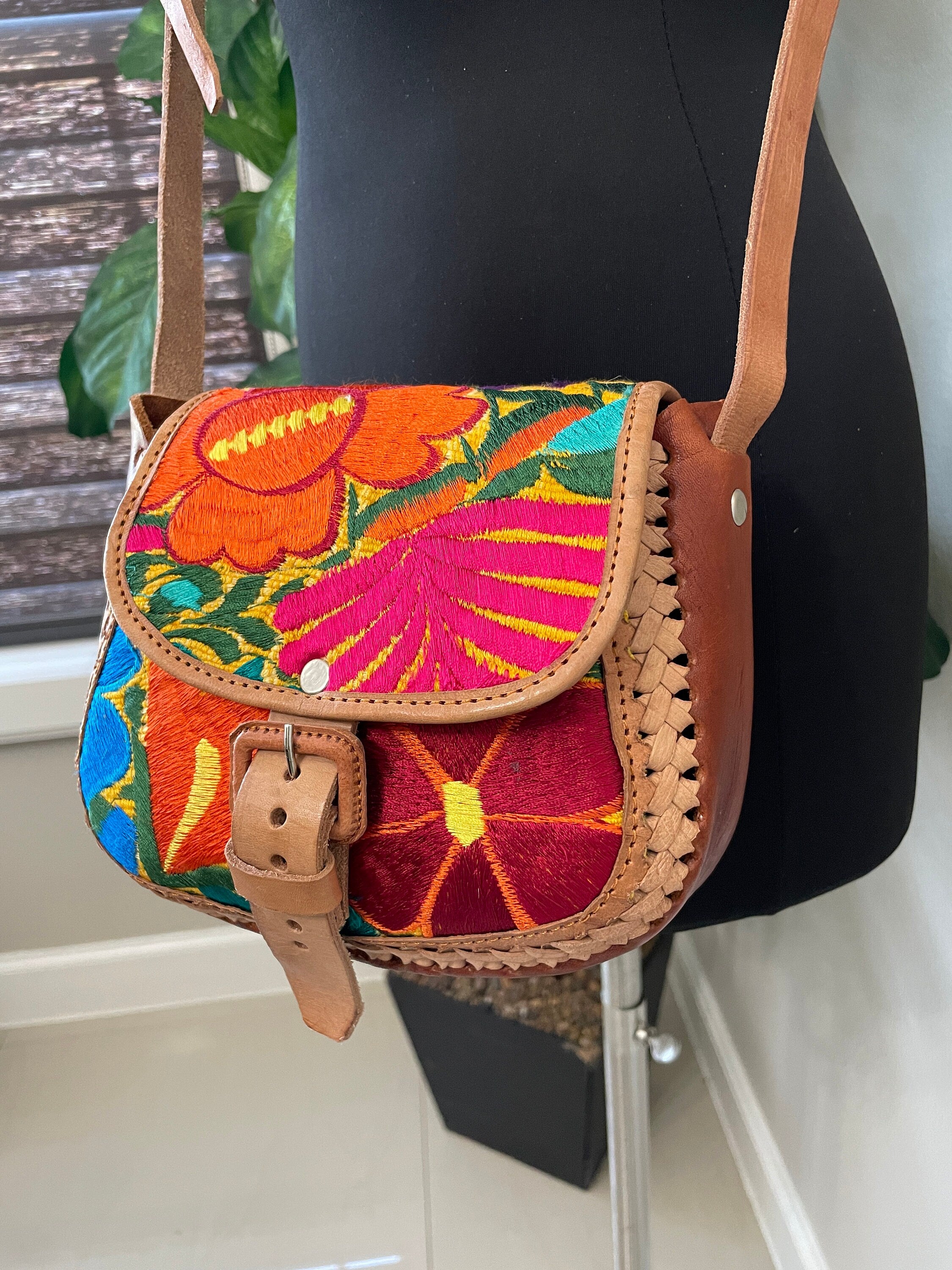 Beautiful Leather Crossbody Purse - Embroidered Genuine Leather Bag
