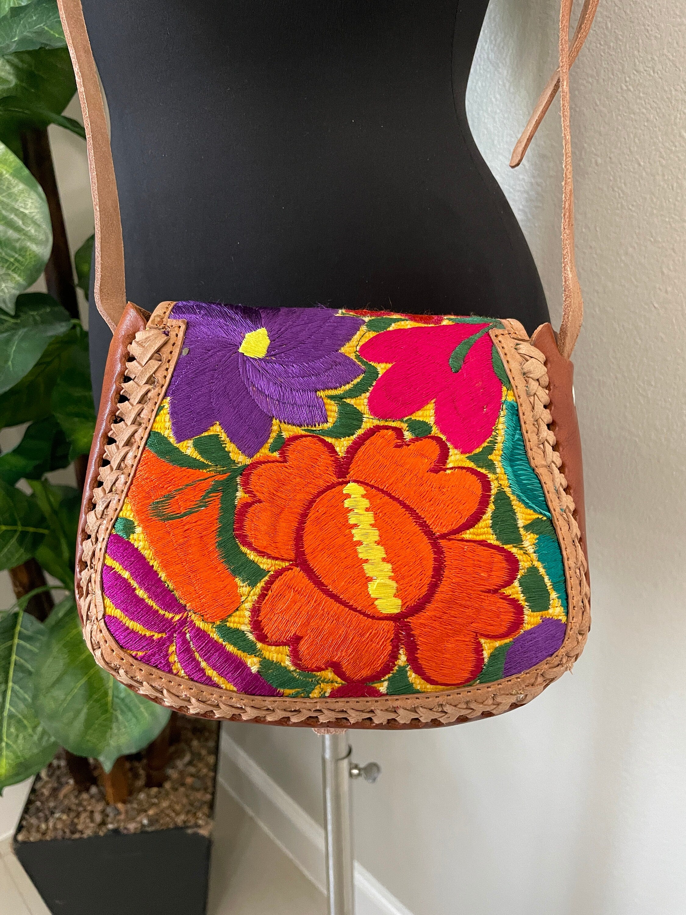 Image of Beautiful Leather Crossbody Purse - Embroidered Genuine Leather Bag